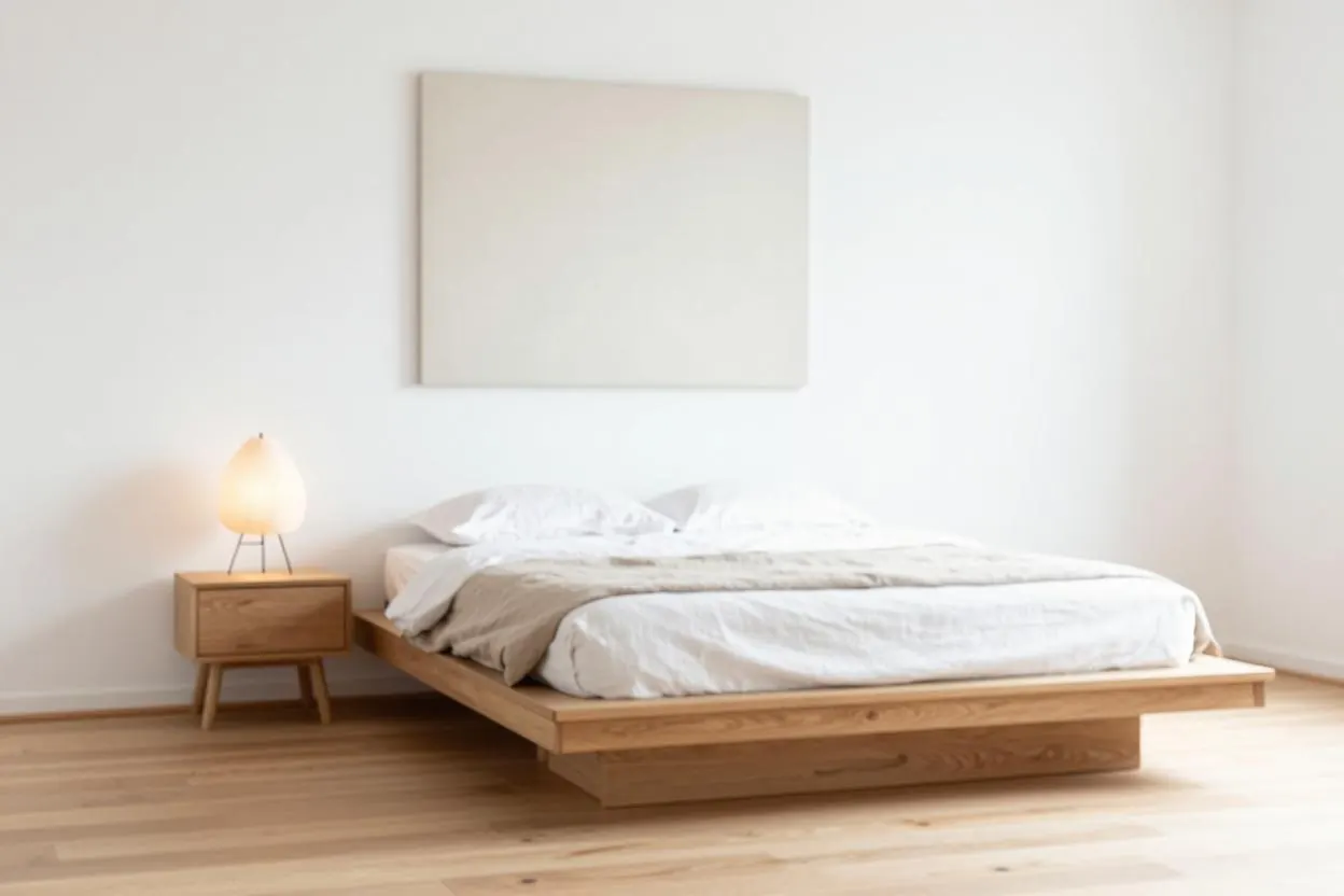 A low light oak platform bed with white and oatmeal linen bedding, a small wooden nightstand with a paper lamp and a plain artwork above