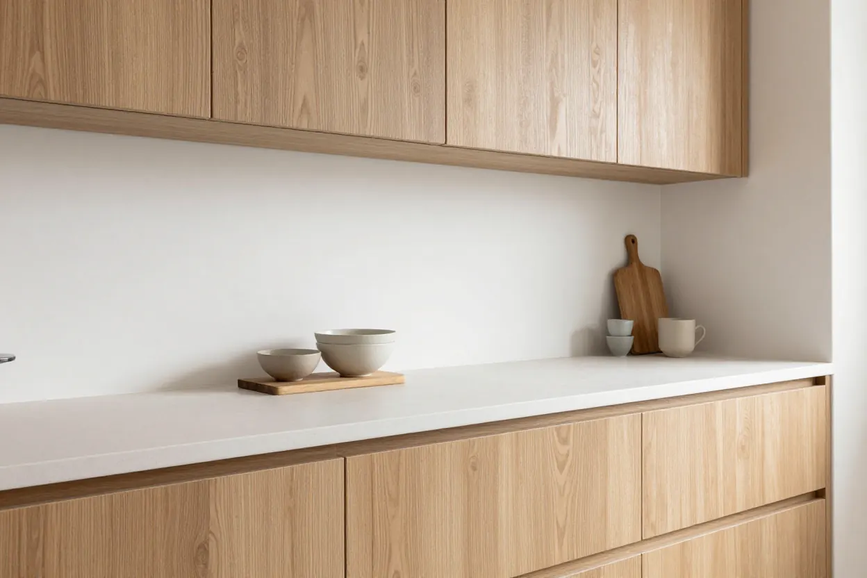 A kitchen with flat light oak cabinets, a warm white countertop, a few handmade ceramic bowls and a wooden board