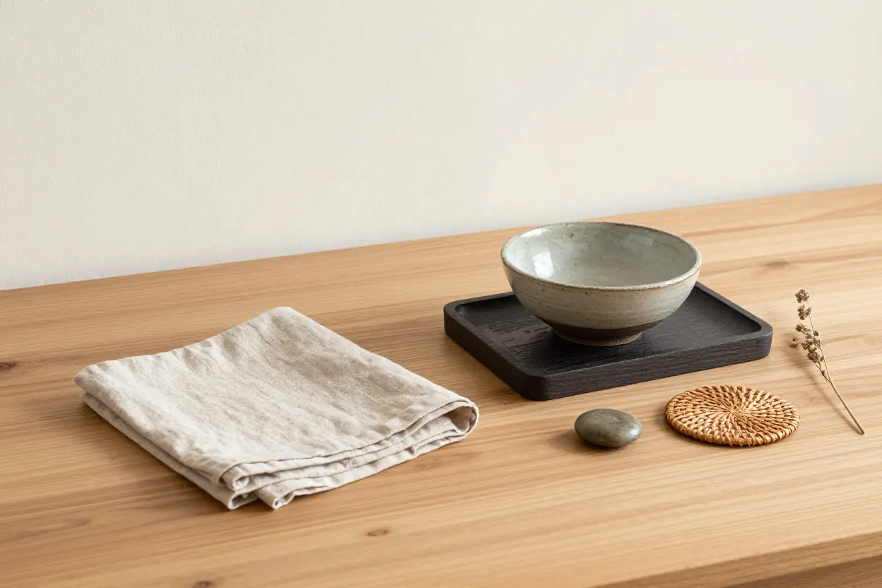 A linen cloth, a stoneware bowl on a dark wooden tray, a smooth stone and a rattan coaster on a light oak table