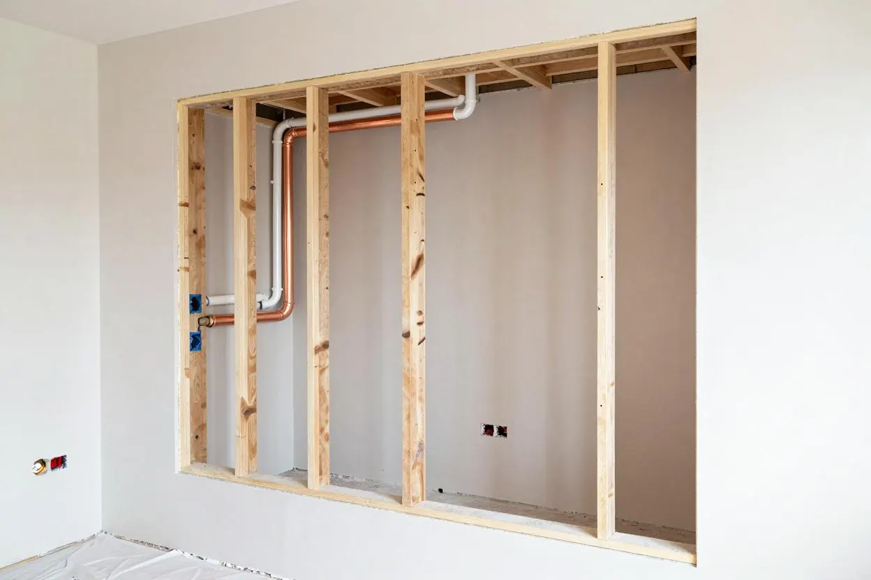A kitchen wall opened up during a remodel, showing new plumbing and wiring