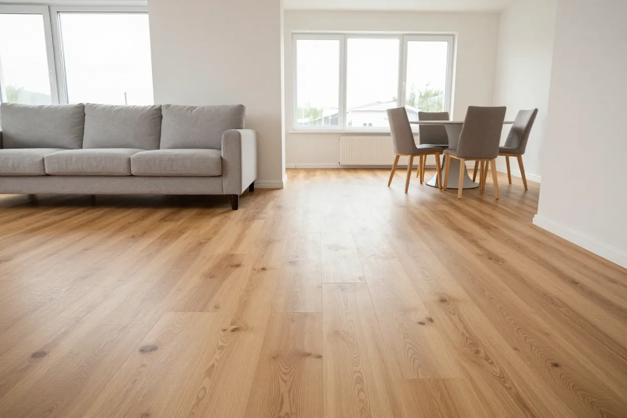 An open-plan living room with light oak-look vinyl plank flooring