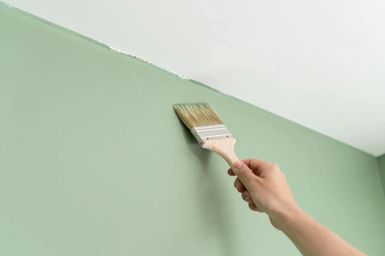 A brush cutting in a clean line where a sage green wall meets a white ceiling