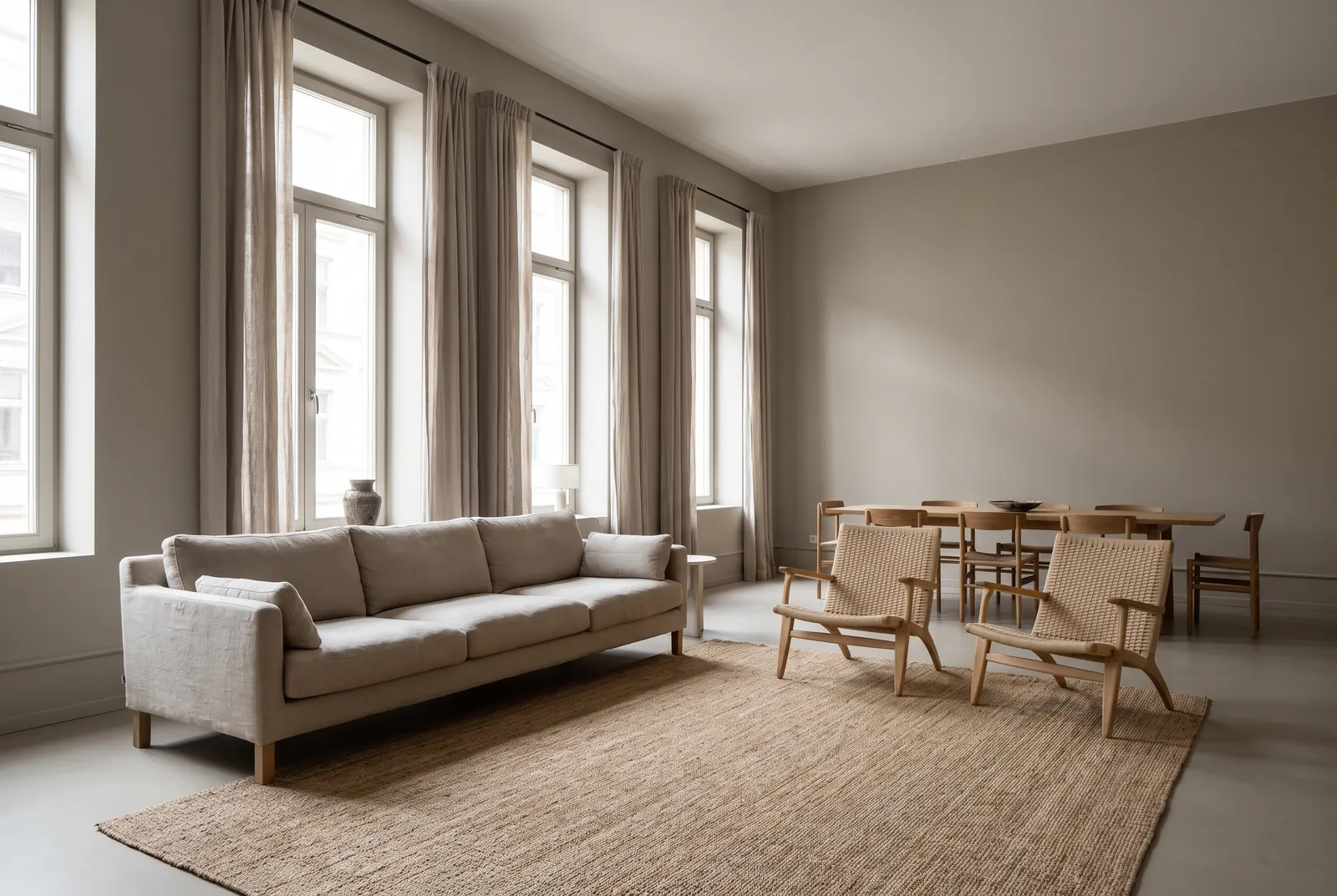A large open living room with high ceilings freshly painted in warm greige