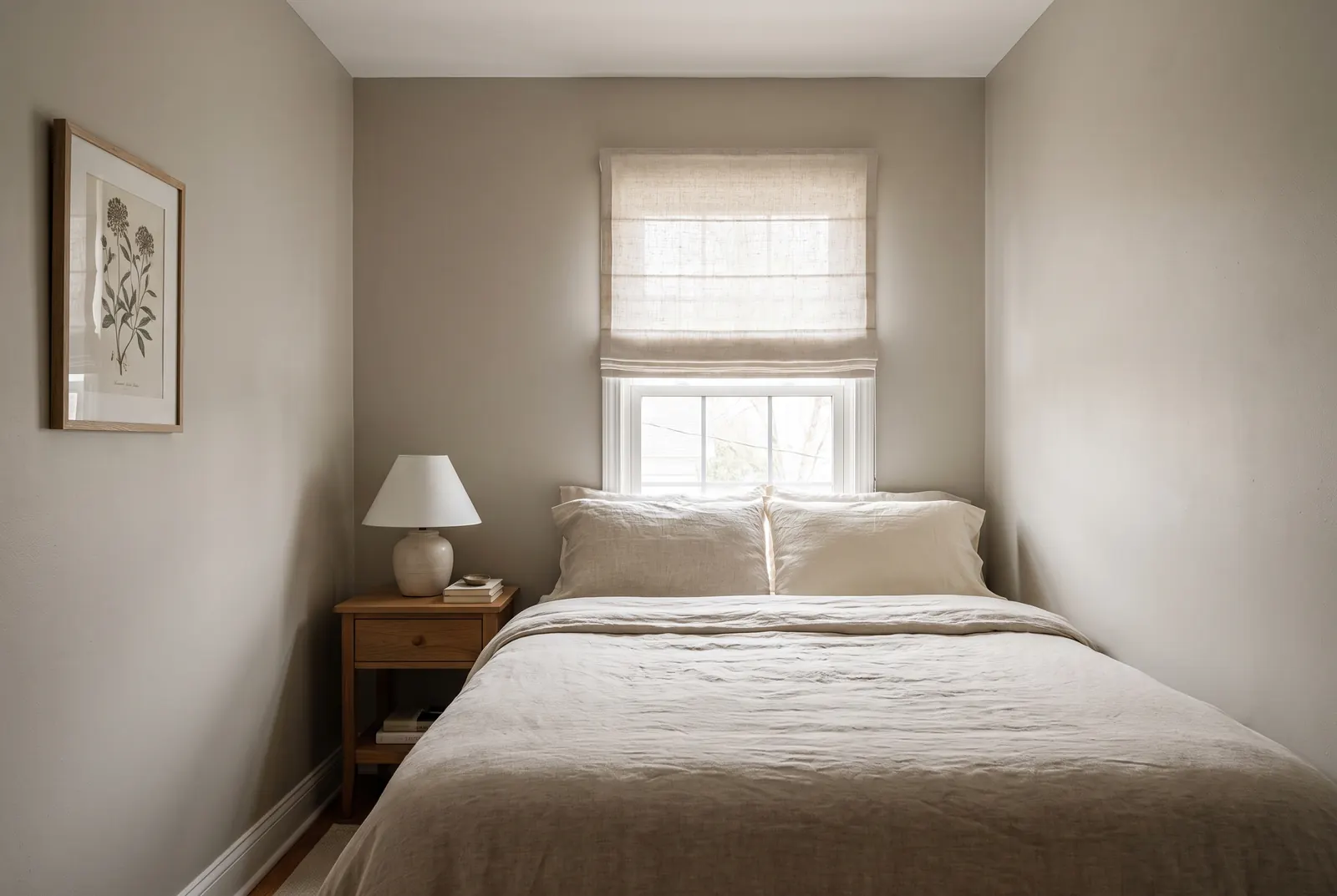 A small bedroom freshly painted in warm greige