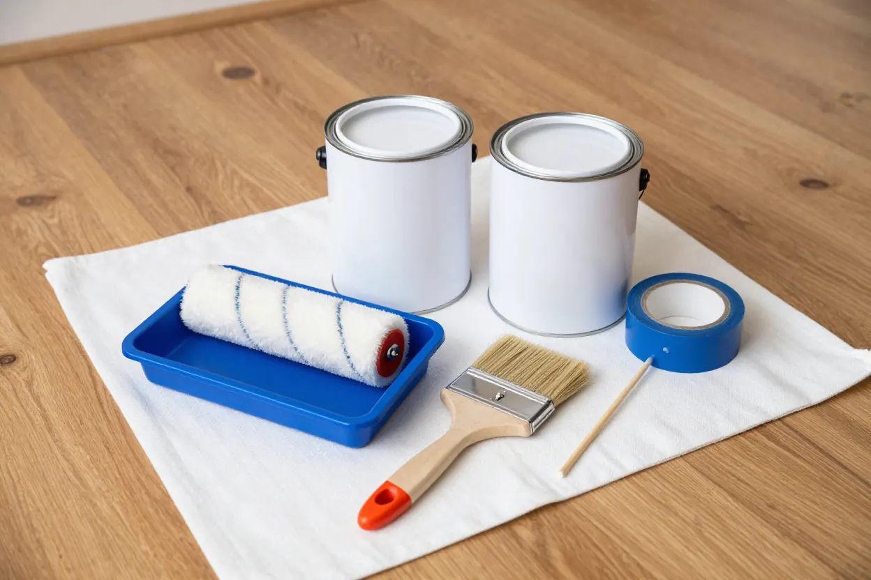 Paint cans, a roller in a tray, a brush and painter’s tape on a drop cloth