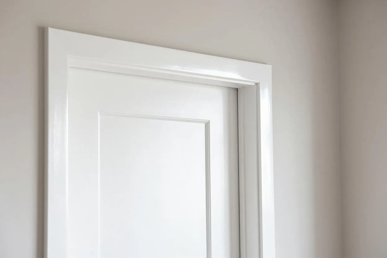 Semi-gloss white door trim against a softly painted eggshell wall