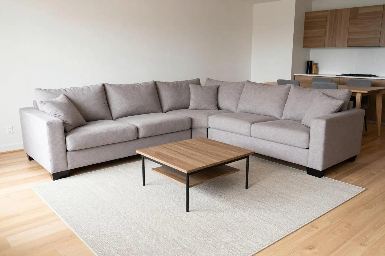 A large rug anchoring a sectional sofa in an open-plan living area