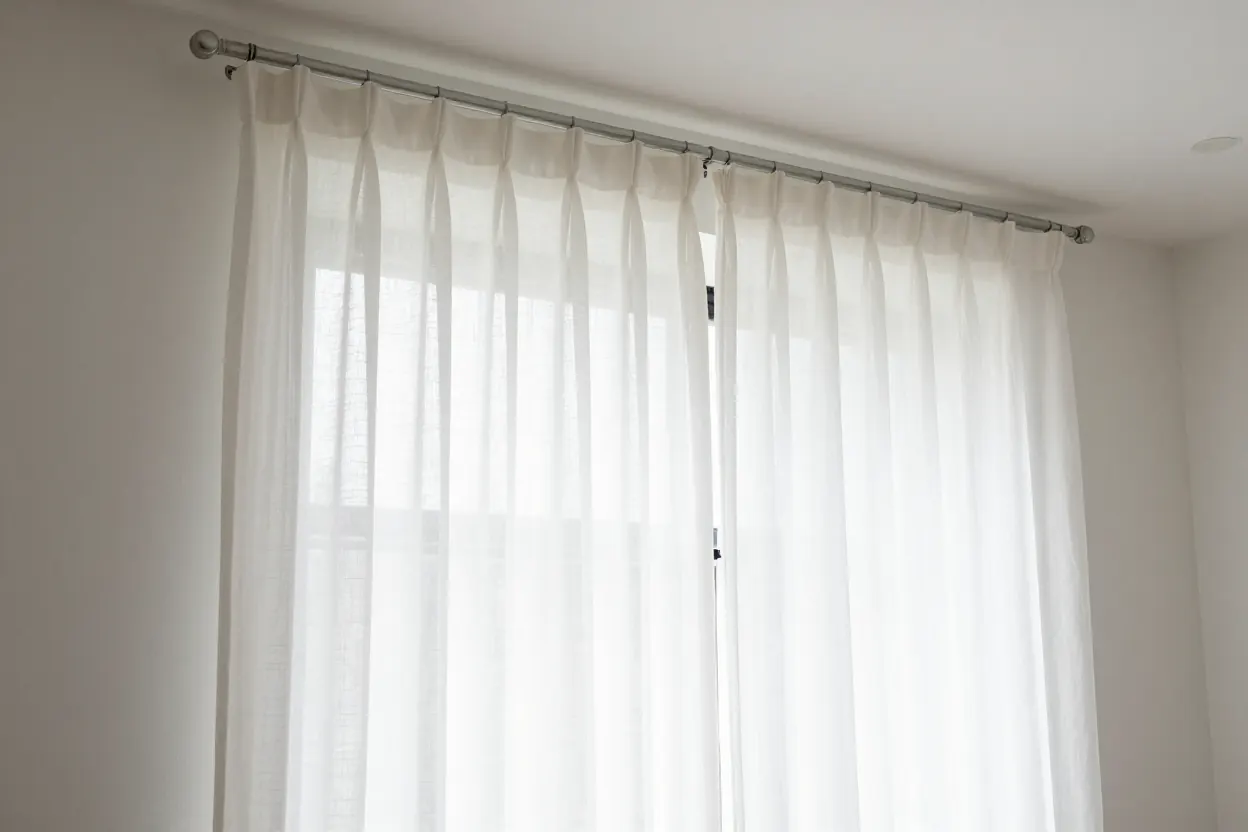 Sheer curtains on a rod near the ceiling, extending well past the window frame