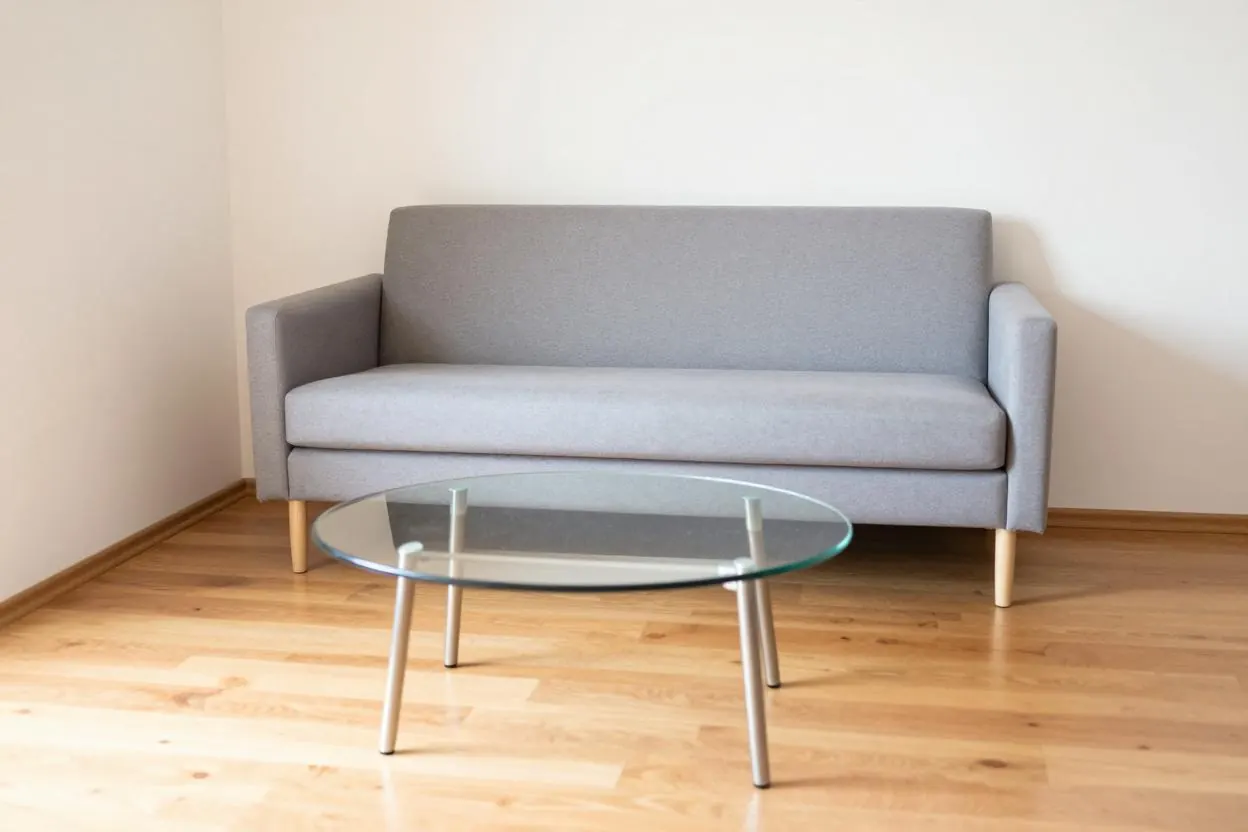A small living room with a low sofa on legs and a glass coffee table, with the floor visible