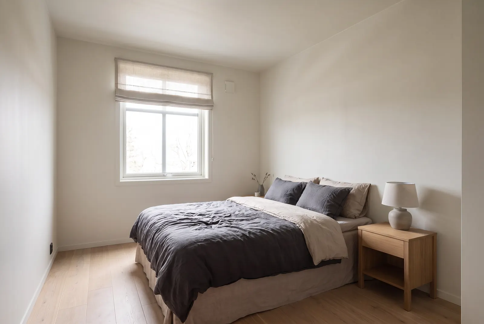The same bedroom with pale walls and ceiling