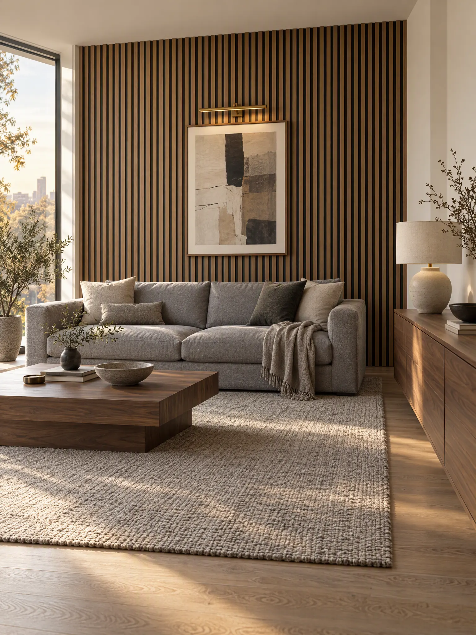 Living room with a vertical oak slat accent wall behind a grey sofa, a low console and a picture light