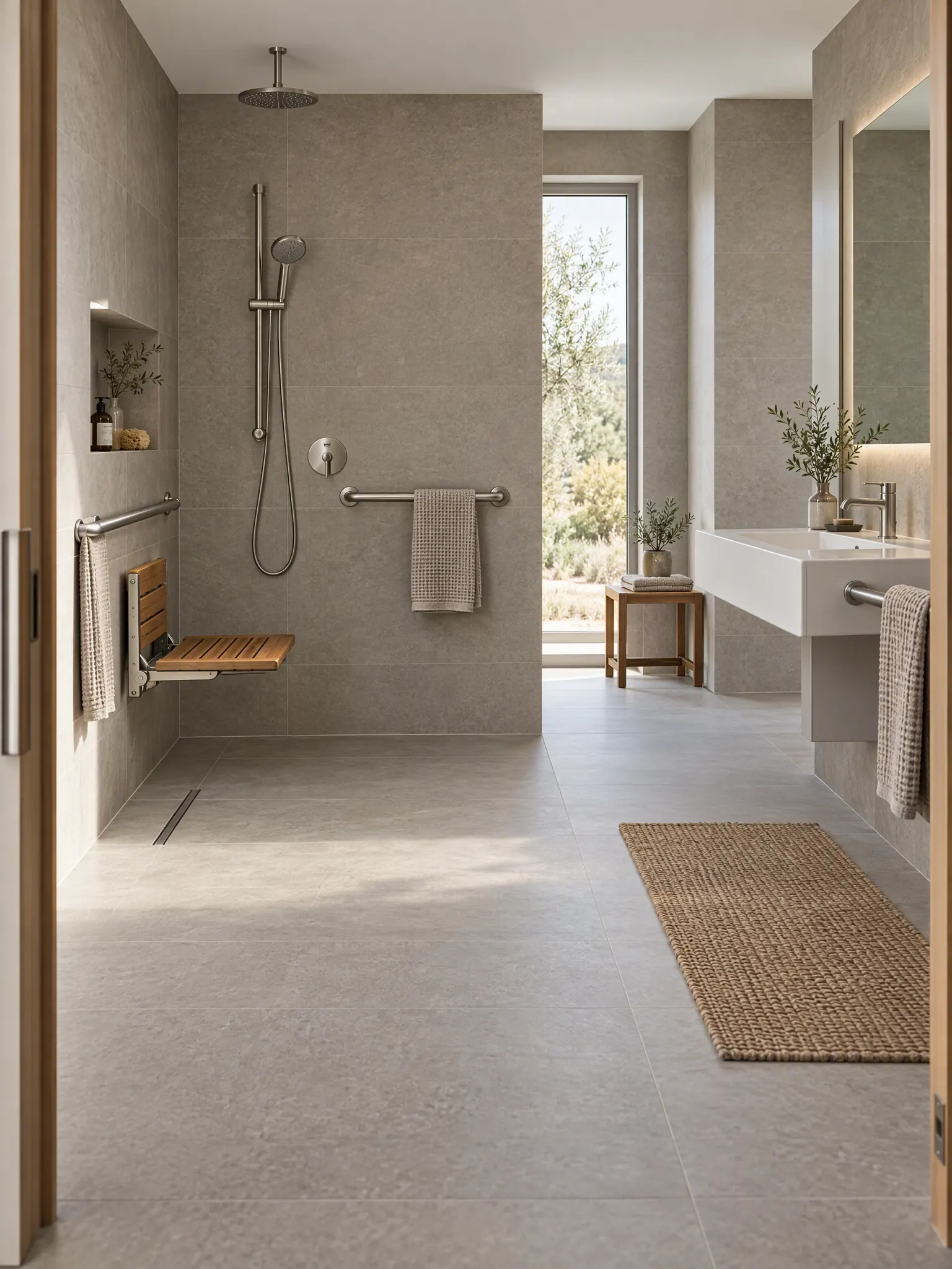 Accessible bathroom with a curbless shower, a fold-down teak seat, grab bars and a wall-hung basin with knee space