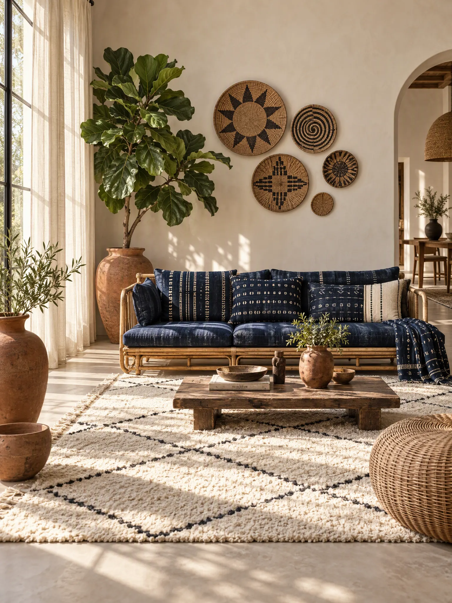 Afrohemian living room with a rattan sofa, indigo adire cushions, a Berber rug and a wall of woven baskets