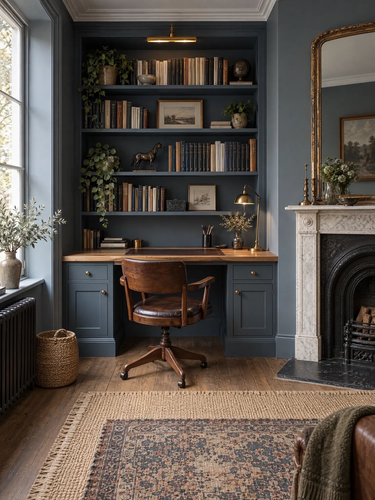 Home office desk built into an alcove beside a chimney breast, with bookcases above and cupboards below