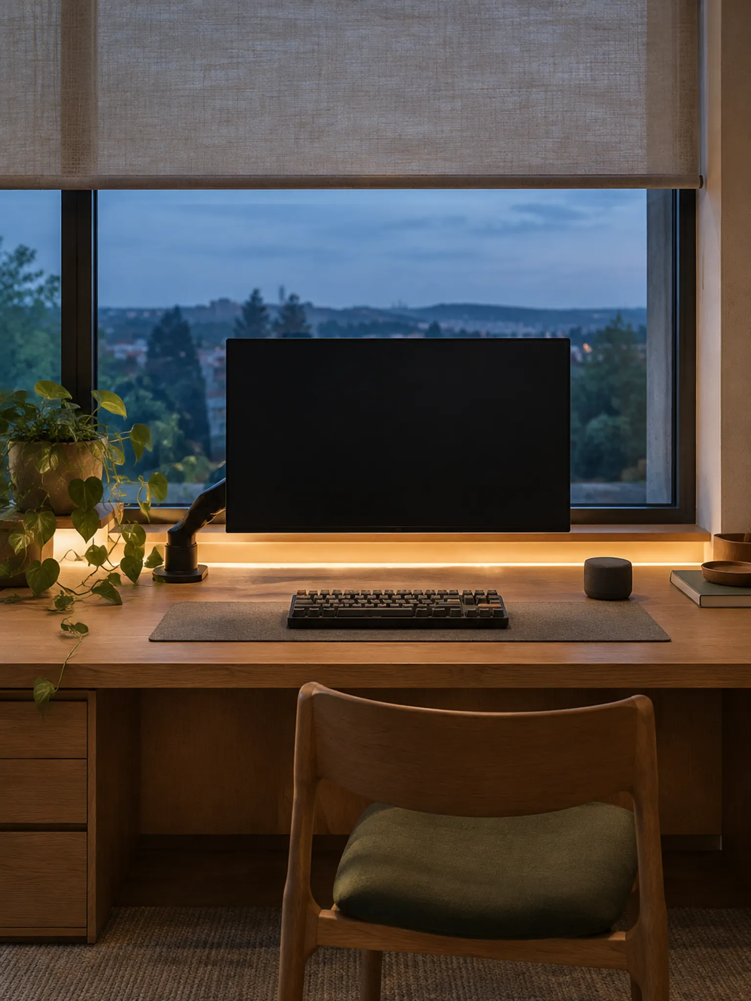 Minimal home office with a long oak desk under a window, a monitor on an arm, a felt desk mat and a warm light behind the screen