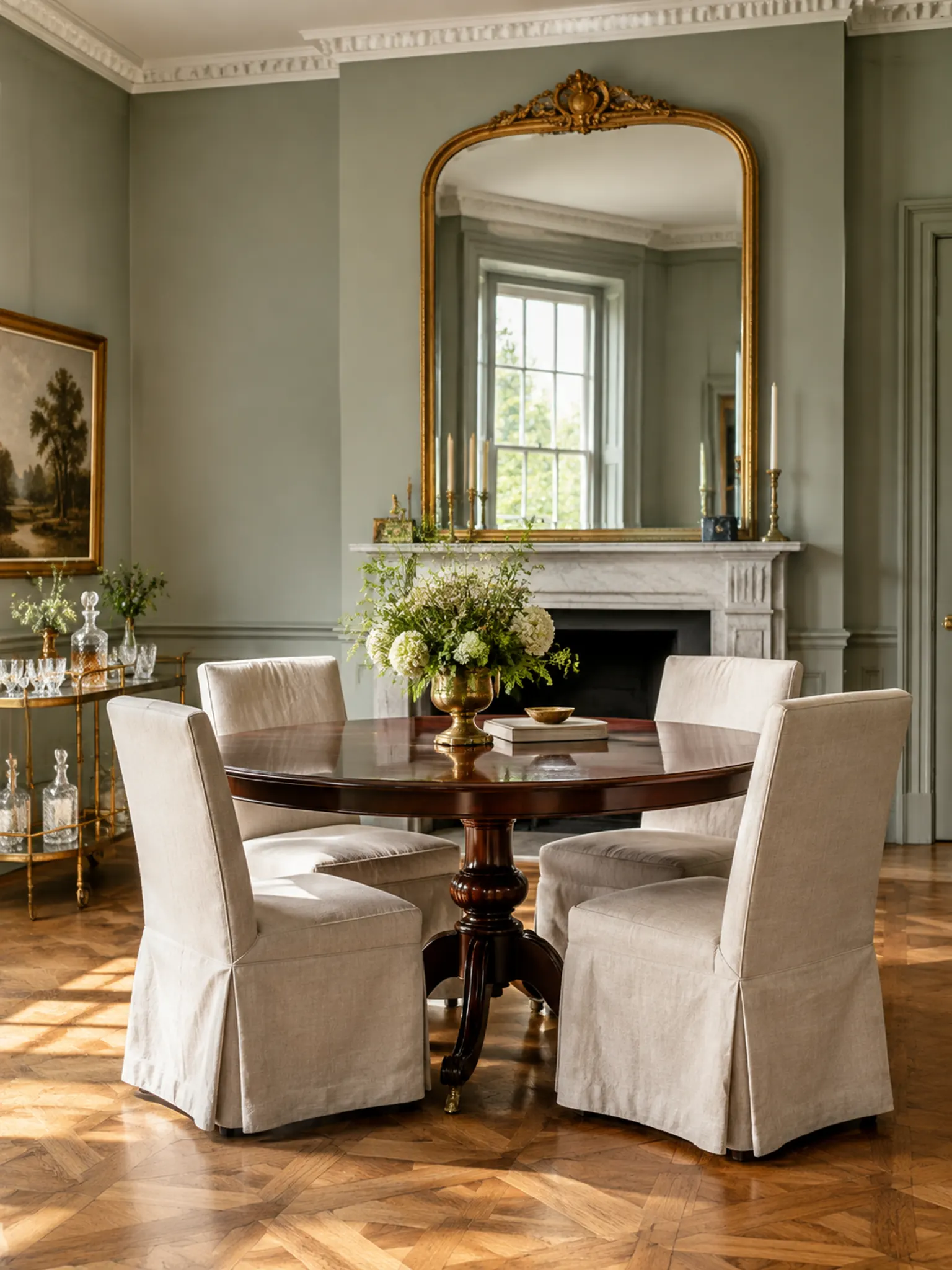 Dining room with an antique mahogany table, a gilt mirror, a brass bar cart and modern linen chairs