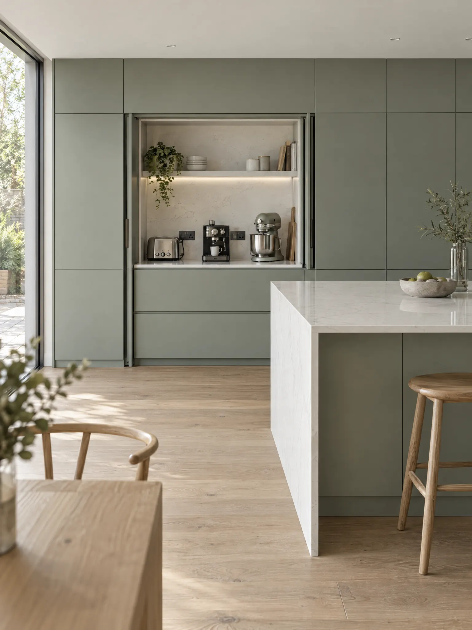 Minimalist kitchen with an appliance garage behind pocket doors, holding a toaster, coffee machine and mixer