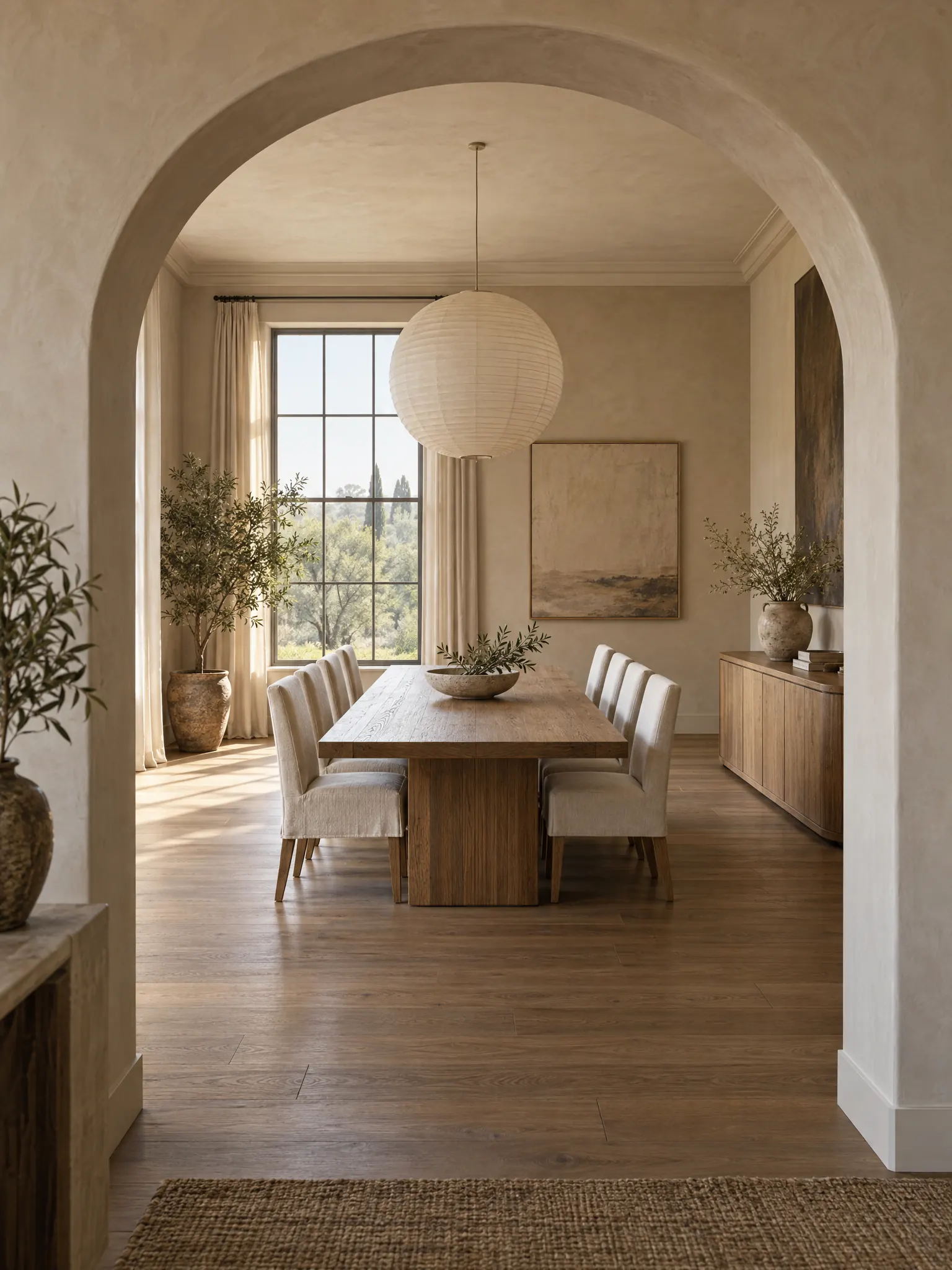 Modern dining room framed by a wide plaster archway, with a long oak table and a curved sideboard
