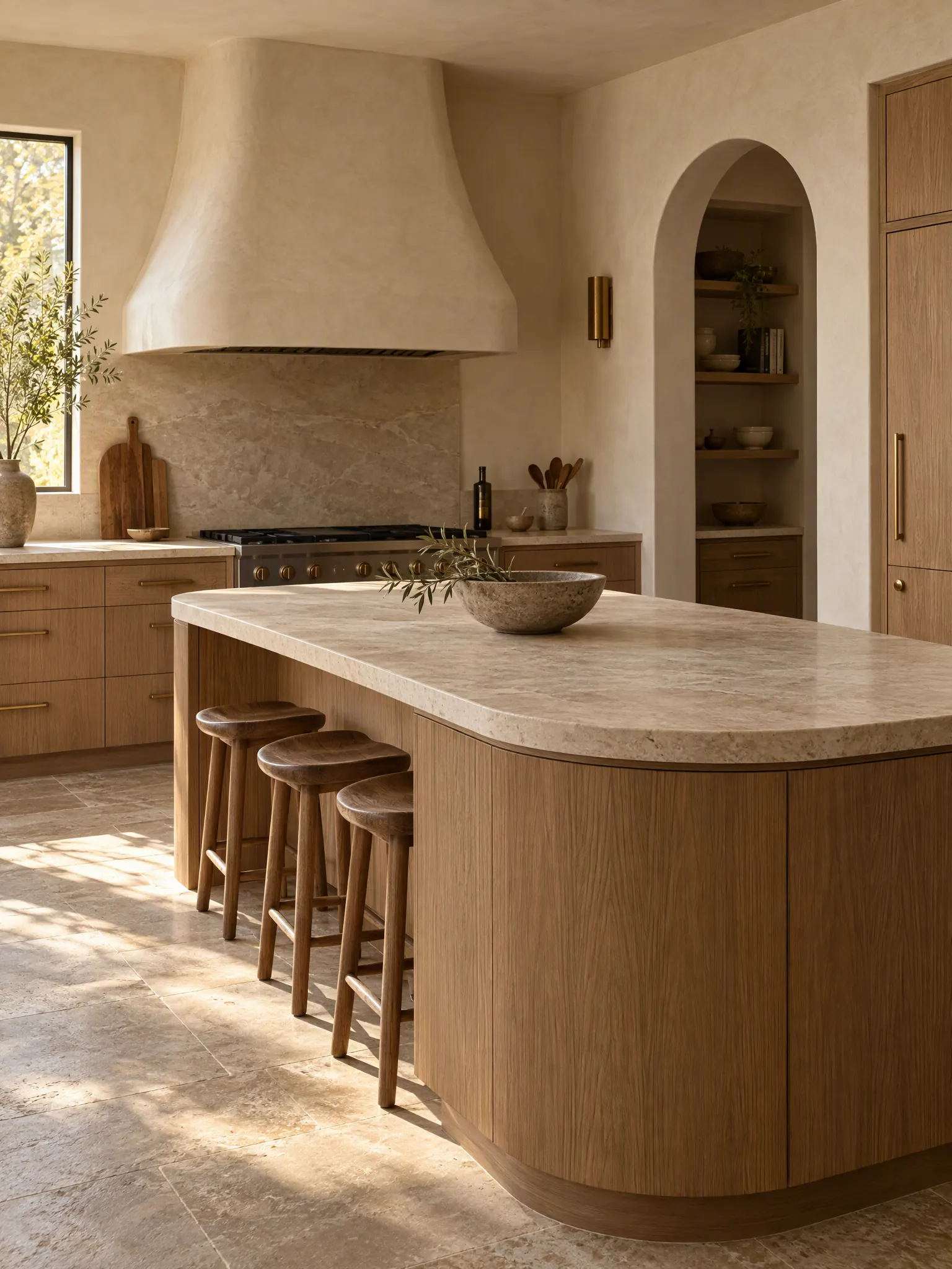 Organic modern kitchen with a curved plaster hood, an arched pantry doorway, a round-ended island and oak cabinets