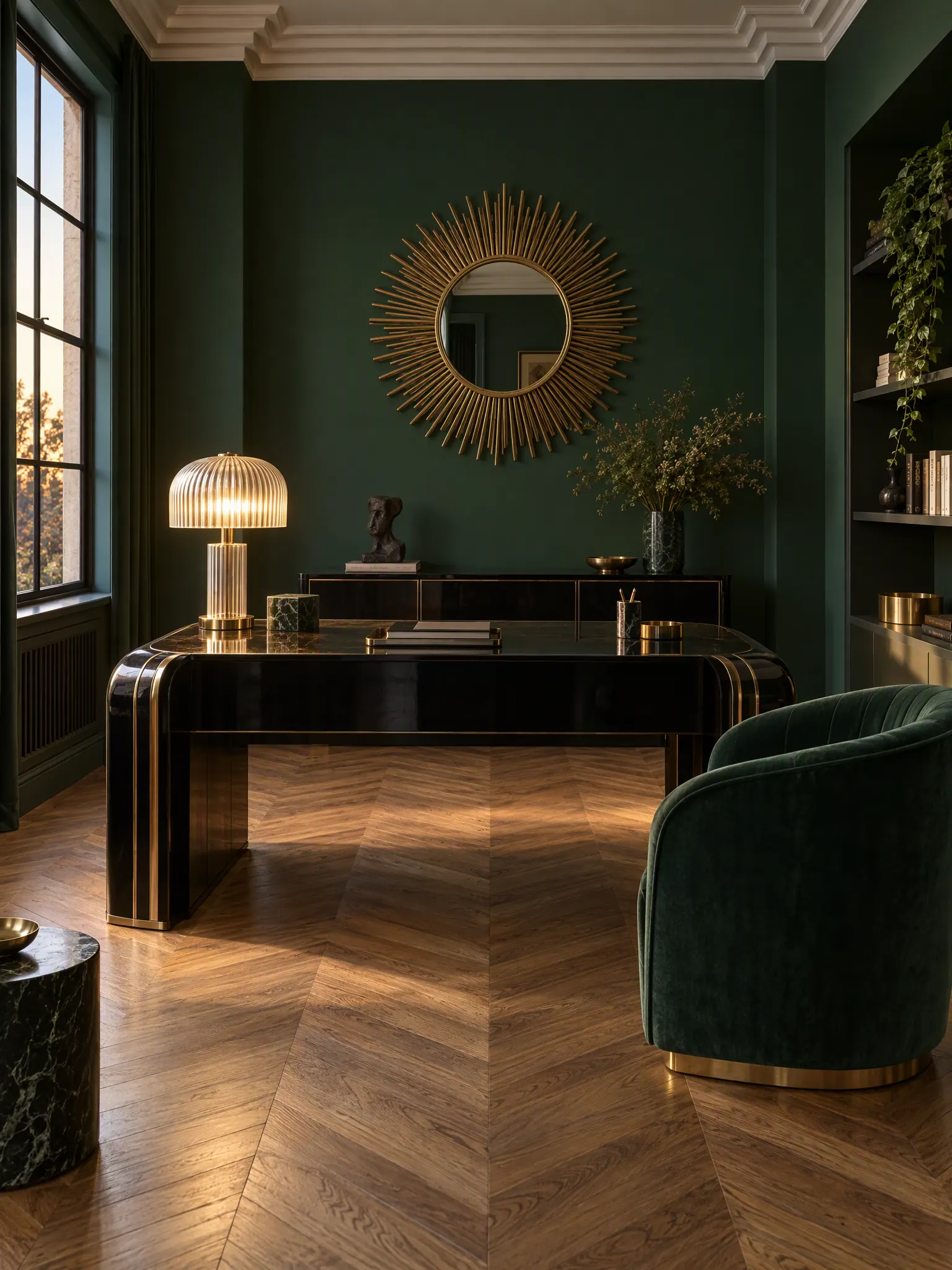 Art Deco study with a curved lacquered desk, chevron parquet, a fluted glass lamp, dark green walls and brass details