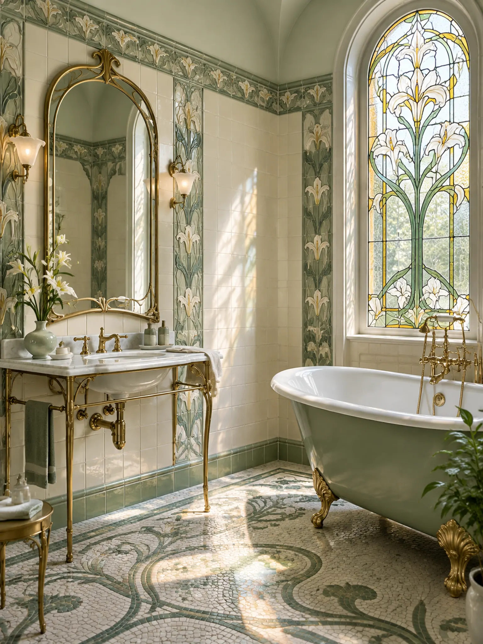 Art Nouveau bathroom with an arched brass mirror, lily-motif tiles and a curved clawfoot tub in soft green and gold