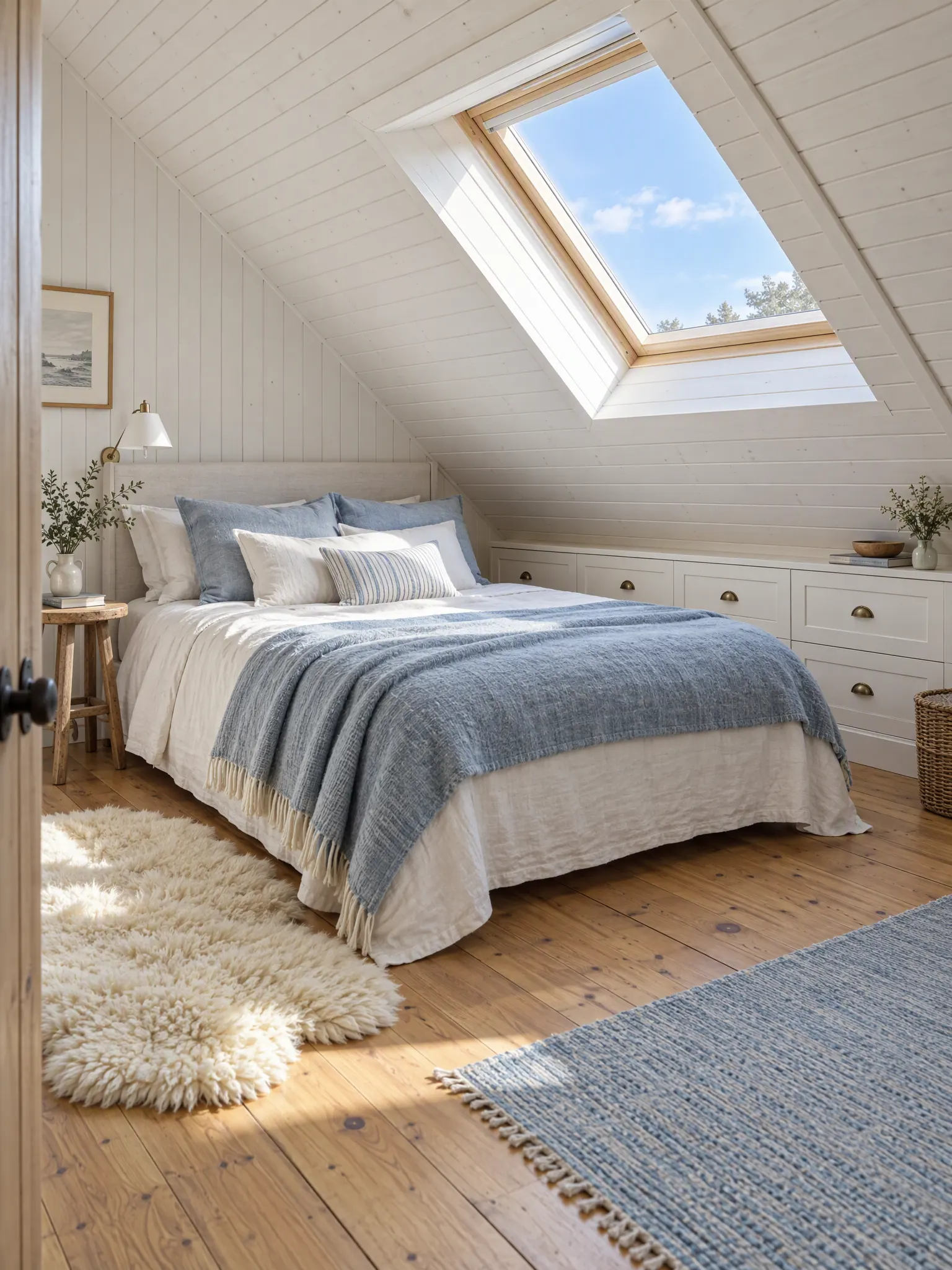 Attic bedroom with the bed under the sloped ceiling, white-painted boards, a skylight and built-in eaves drawers