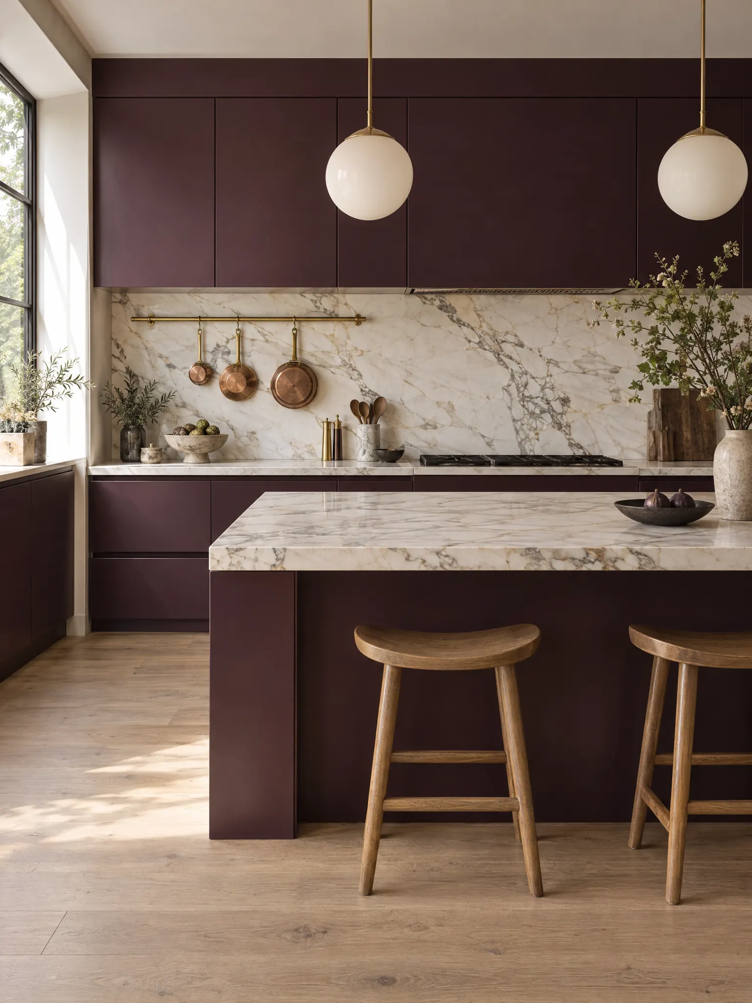 Kitchen with deep aubergine slab cabinets, a pale marble counter and backsplash and a brushed brass rail