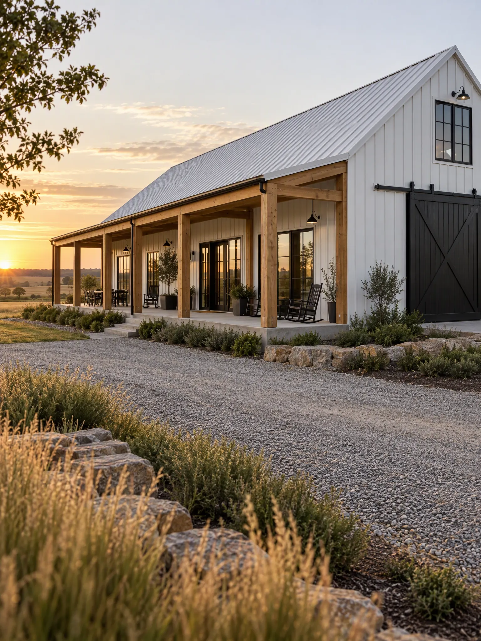 Barndominium exterior in white standing-seam metal with a deep timber porch, black windows and barn doors