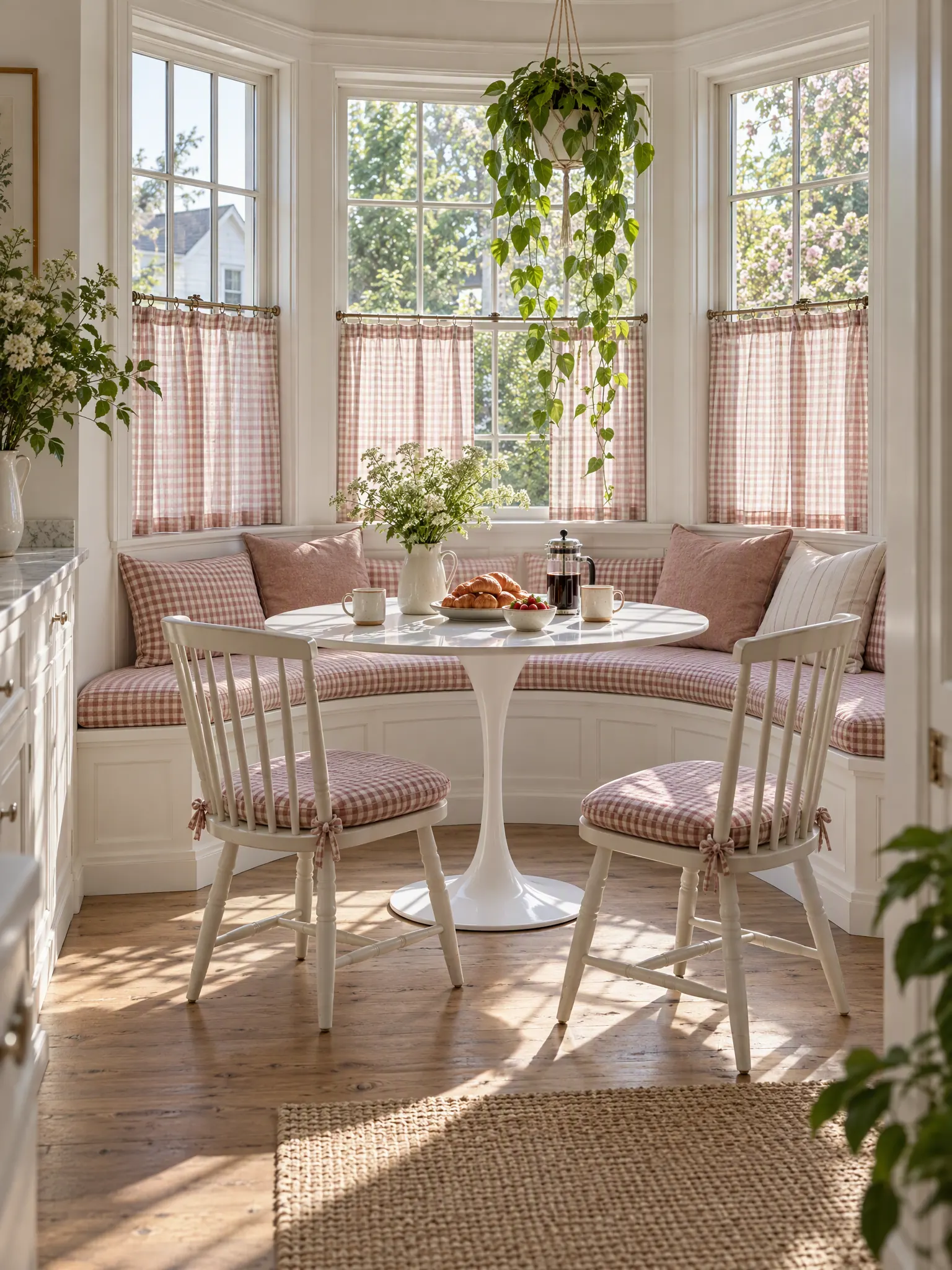 Breakfast nook with a curved bench in a bay window, a small round table, check cushions and a hanging plant