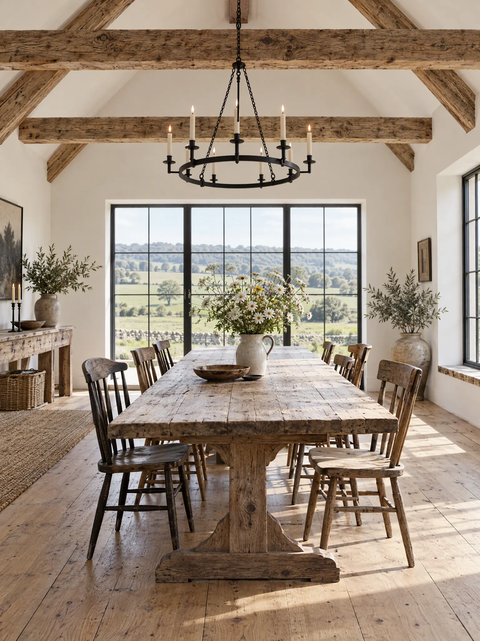 Farmhouse dining room with rough-sawn beams on a vaulted ceiling, a trestle table, mismatched chairs and an iron chandelier
