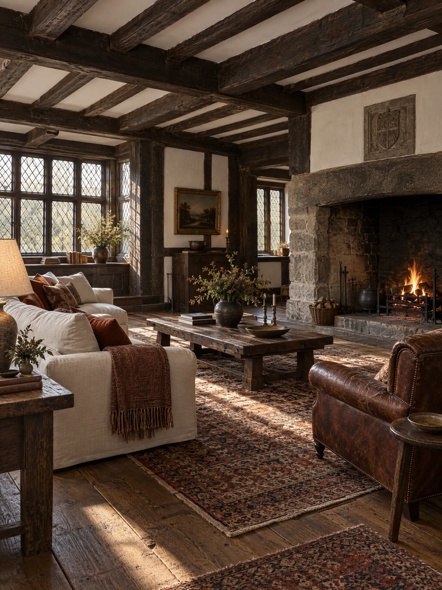 Tudor living room with dark oak ceiling beams, white plaster, an inglenook fireplace, leaded windows and a deep sofa