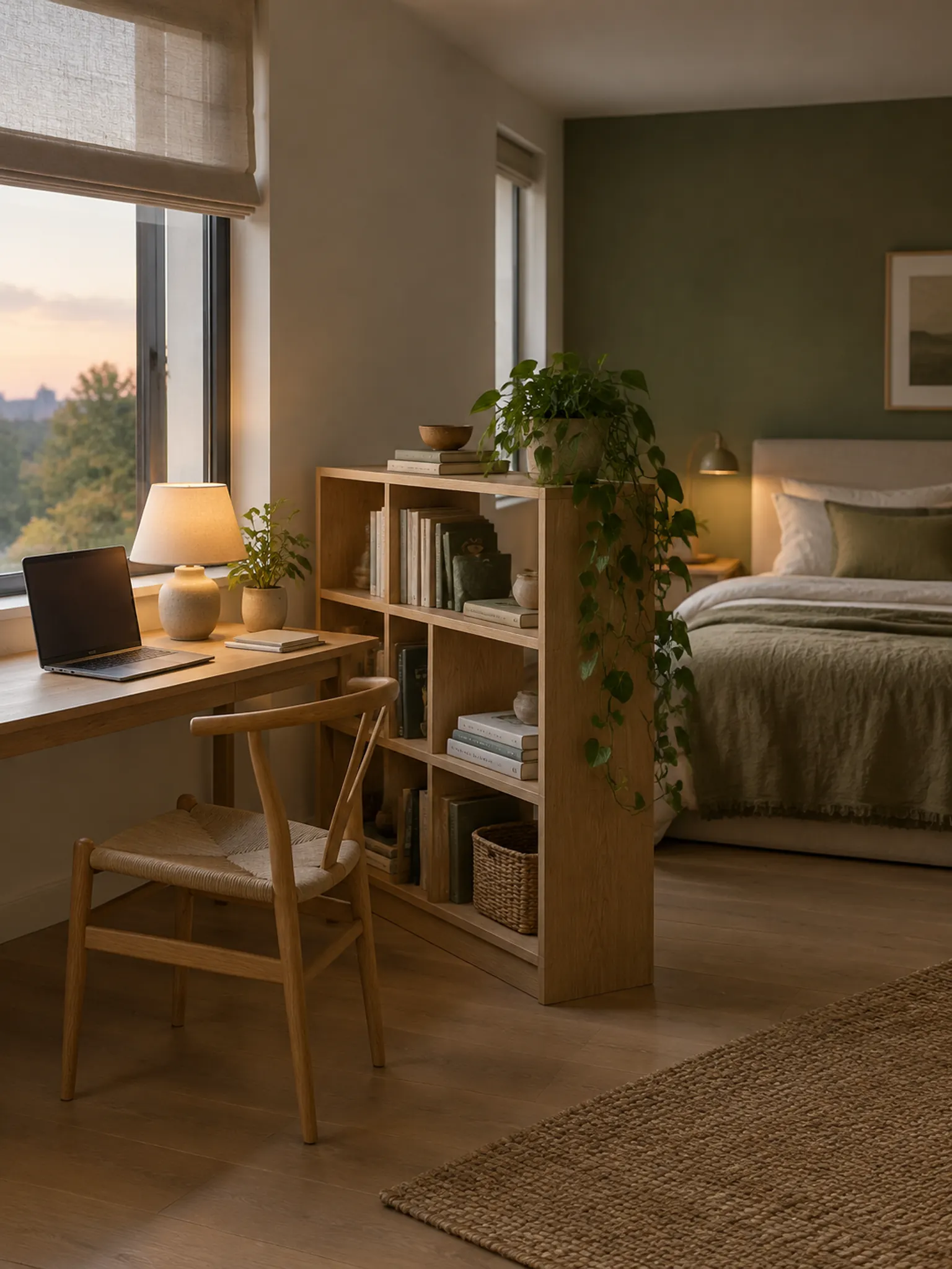 Bedroom home office with a slim desk under the window, set apart from the bed by a low bookcase