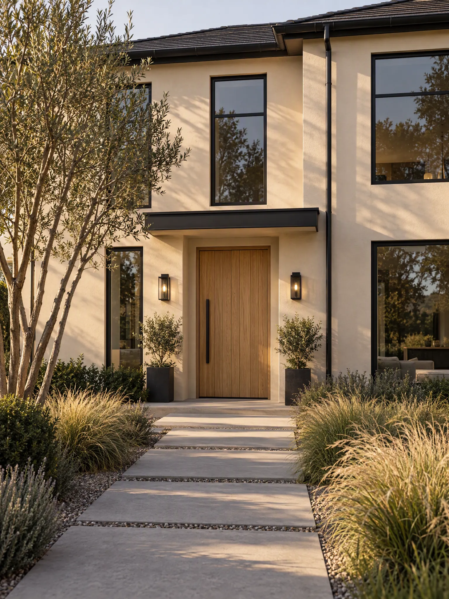 Two-storey house with warm beige render, black window frames and trim, an oak front door and lantern lights