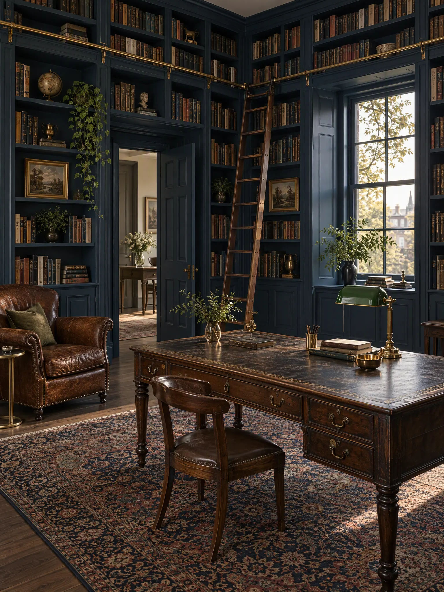 Library-style home office with floor-to-ceiling bookshelves, a brass ladder, a leather-topped desk and a green lamp
