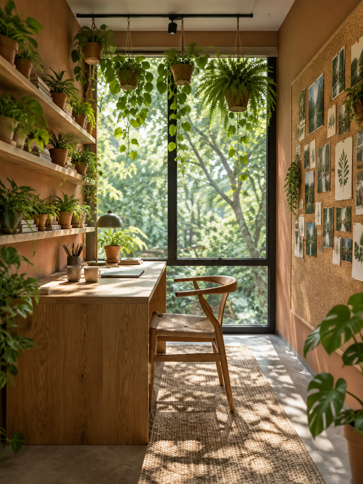 Biophilic home office with hanging plants, a shelf of potted plants, a desk facing the window and a cork pinboard