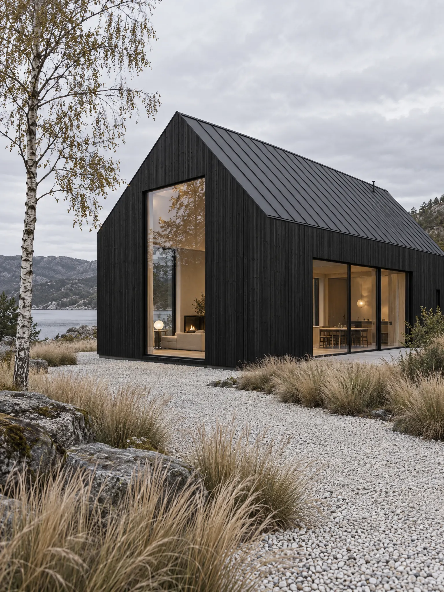 Gabled house clad in black-stained vertical timber with large windows, surrounded by pale gravel and tall grasses