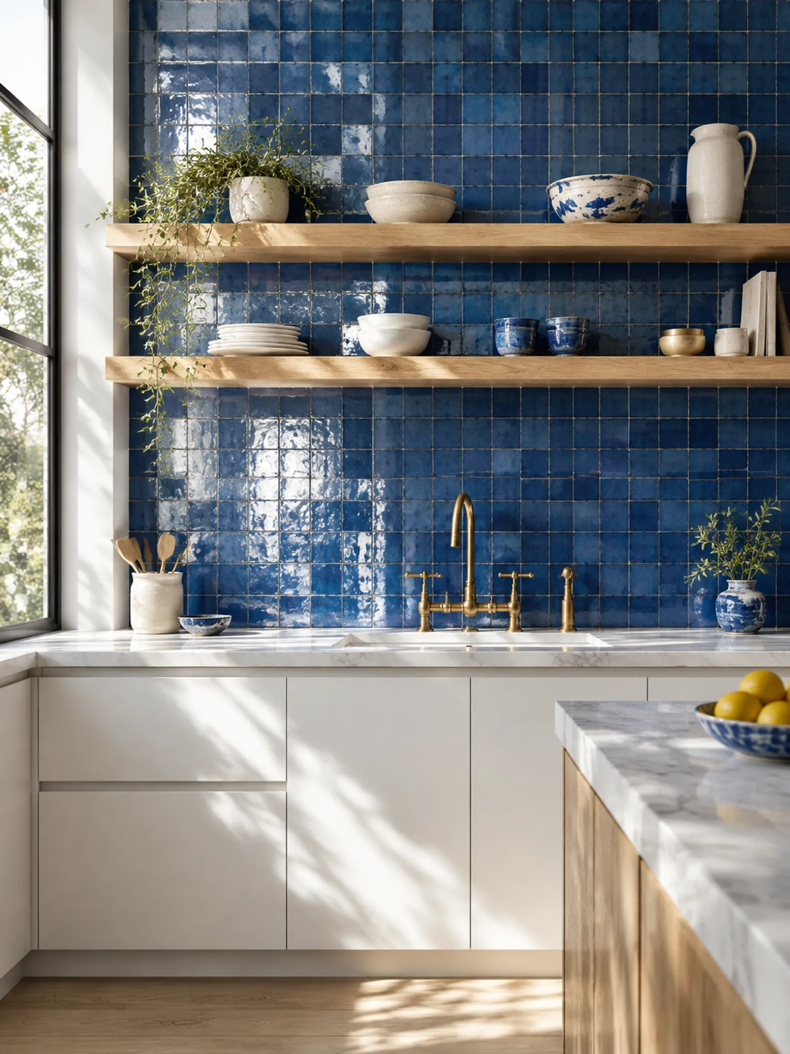 White kitchen with a floor-to-ceiling blue zellige tile backsplash, open shelves and a brass tap