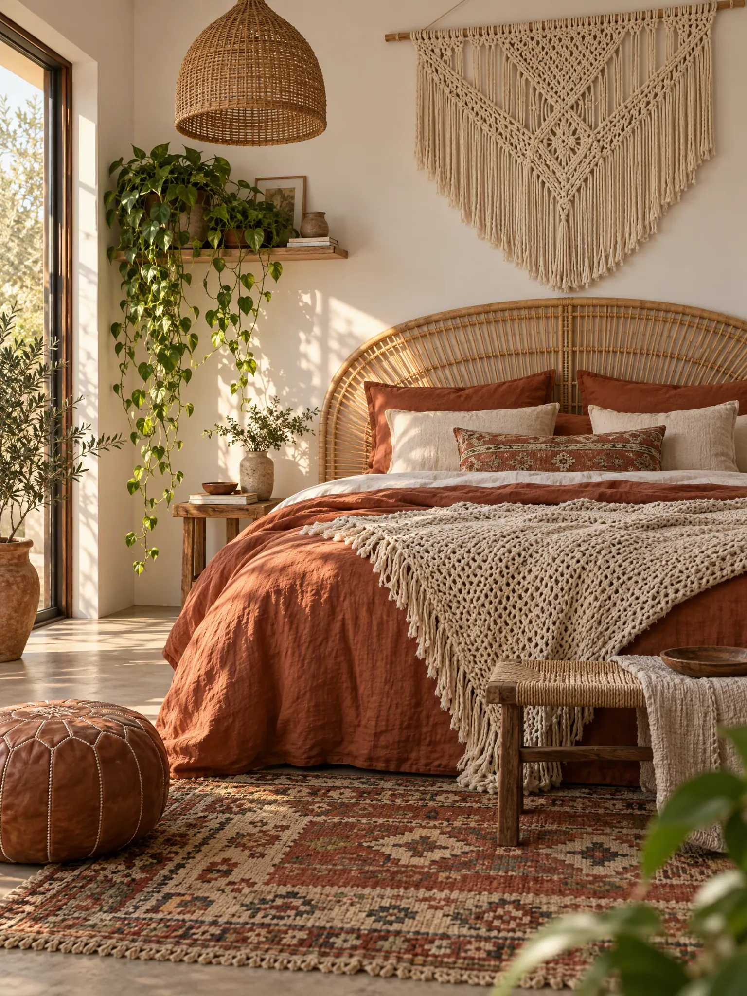 Boho bedroom with a rattan headboard, macramé wall hanging, rust and cream textiles, plants and a pouf