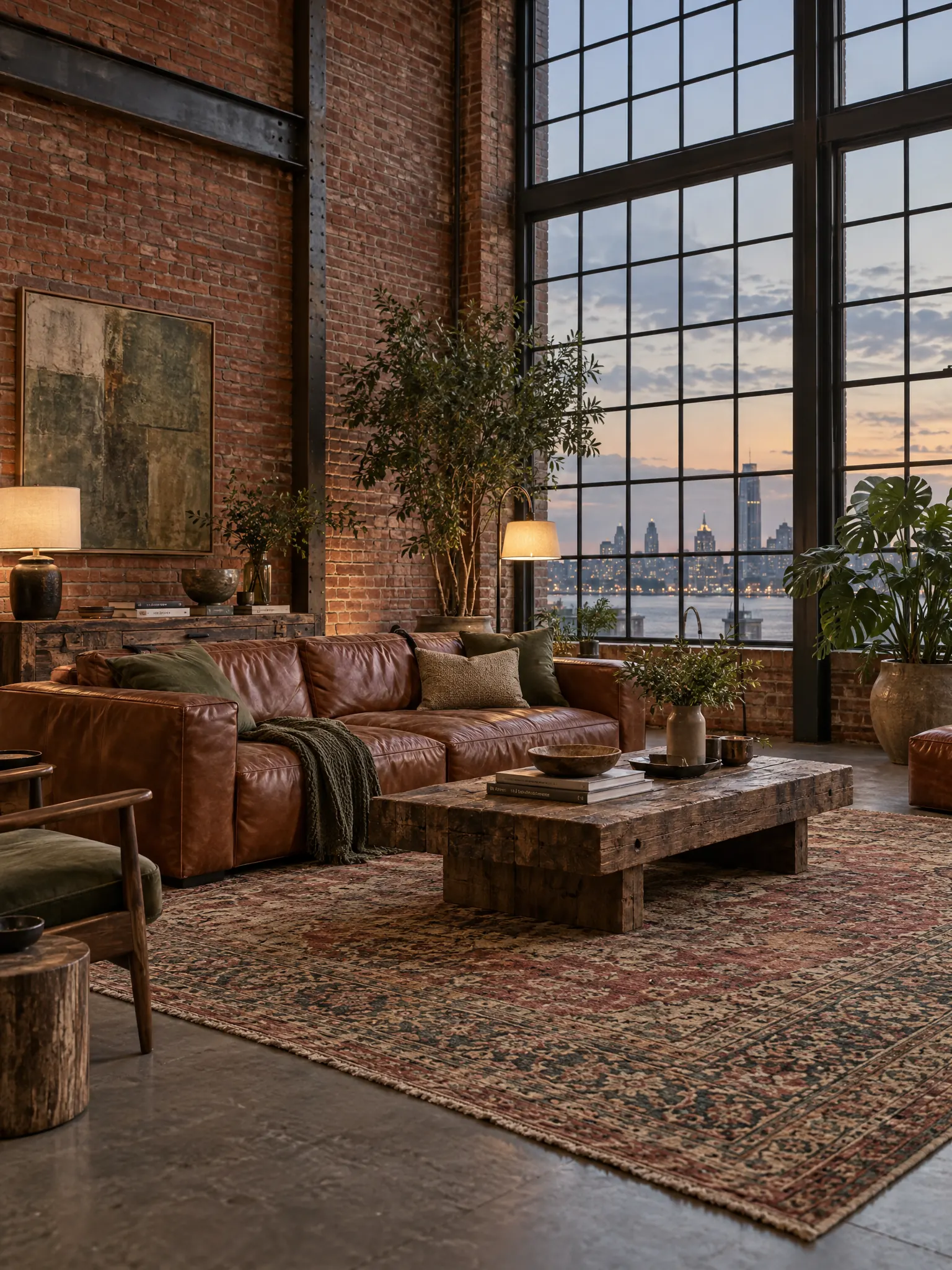 Loft living room with an exposed red brick wall, tall factory windows, a cognac leather sofa, plants and a vintage rug