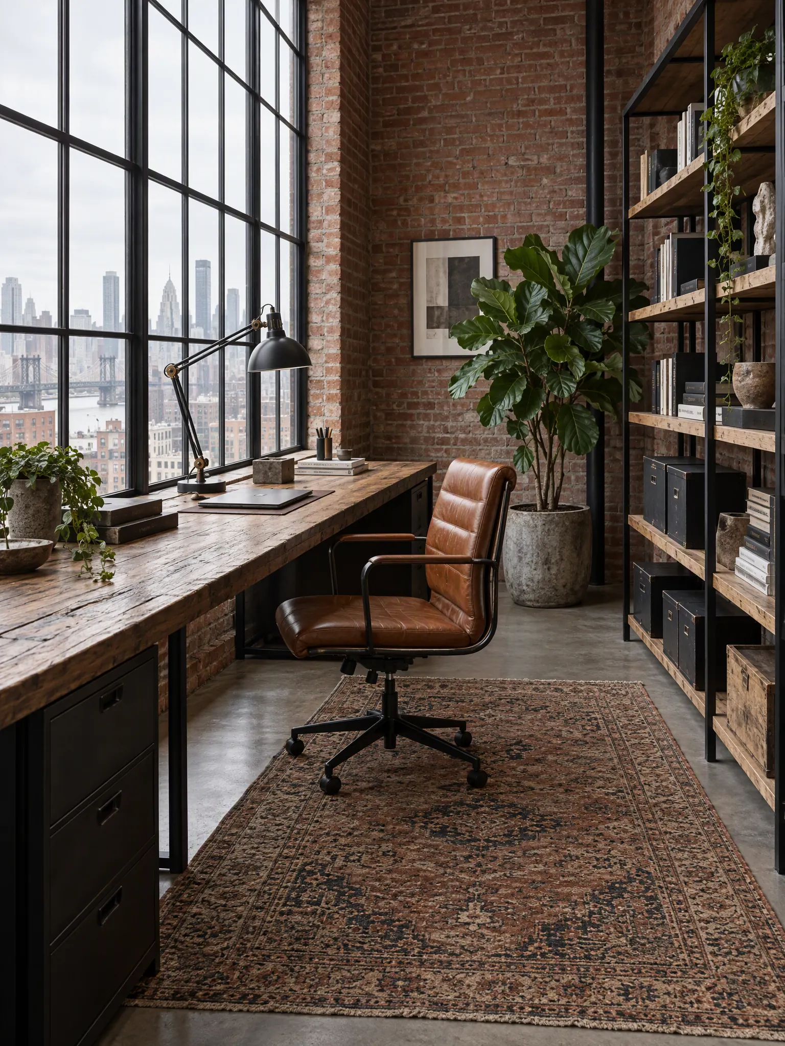 Loft home office with a long desk along a factory window, exposed brick, steel shelving and a large plant