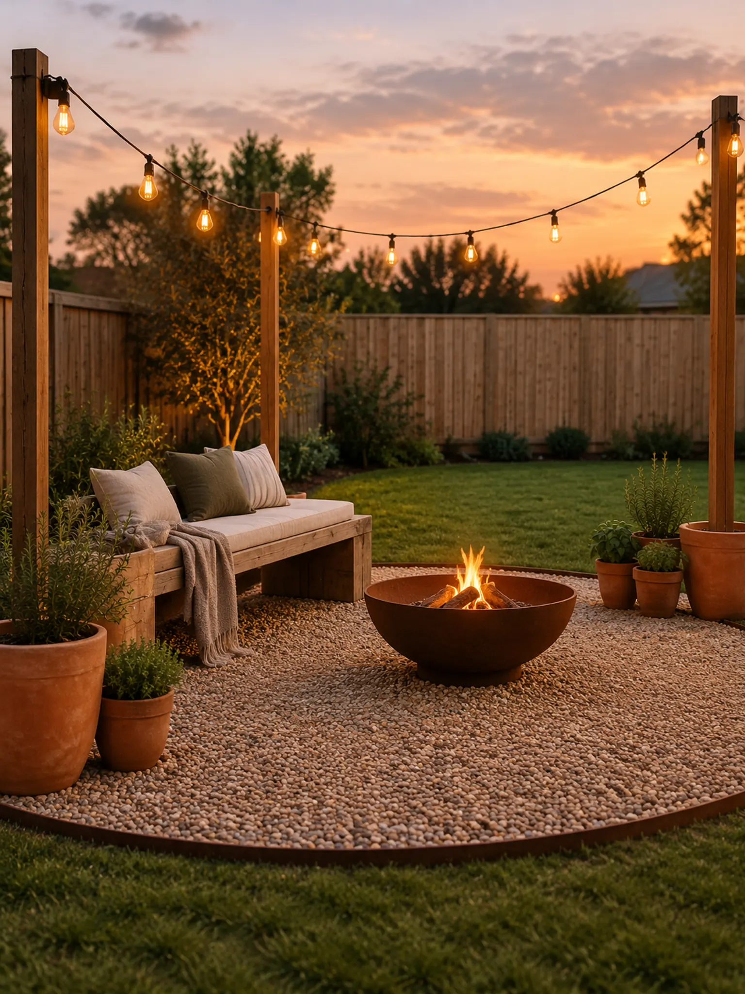 Budget backyard with a pea-gravel patio, a DIY timber bench, festoon lights on poles, a fire bowl and herb pots
