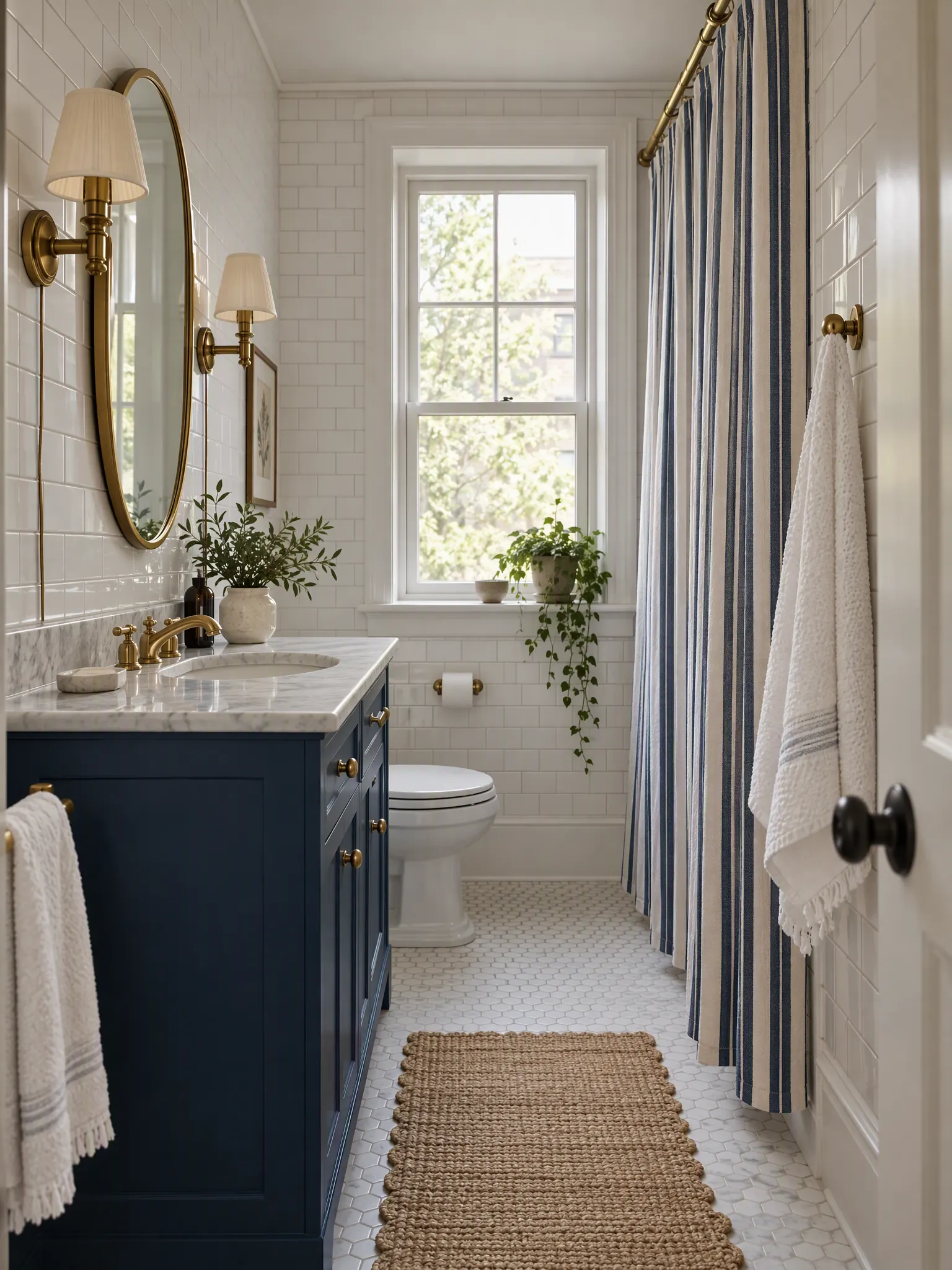 Budget bathroom refresh with a painted vanity, a new mirror and wall lights, a striped shower curtain and towels