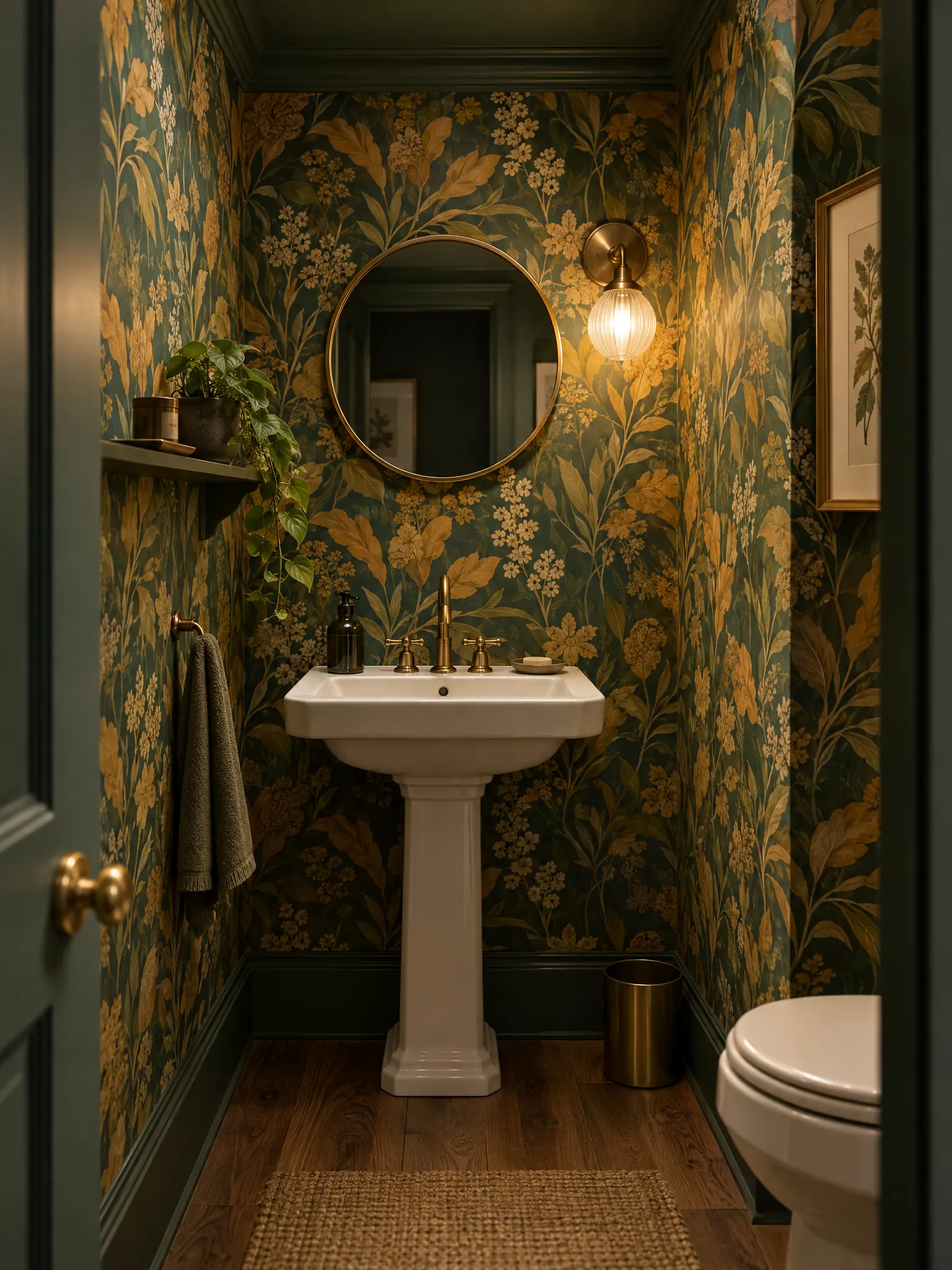 Wallpapered half bath with bold botanical wallpaper, a round mirror, a brass sconce and a pedestal sink
