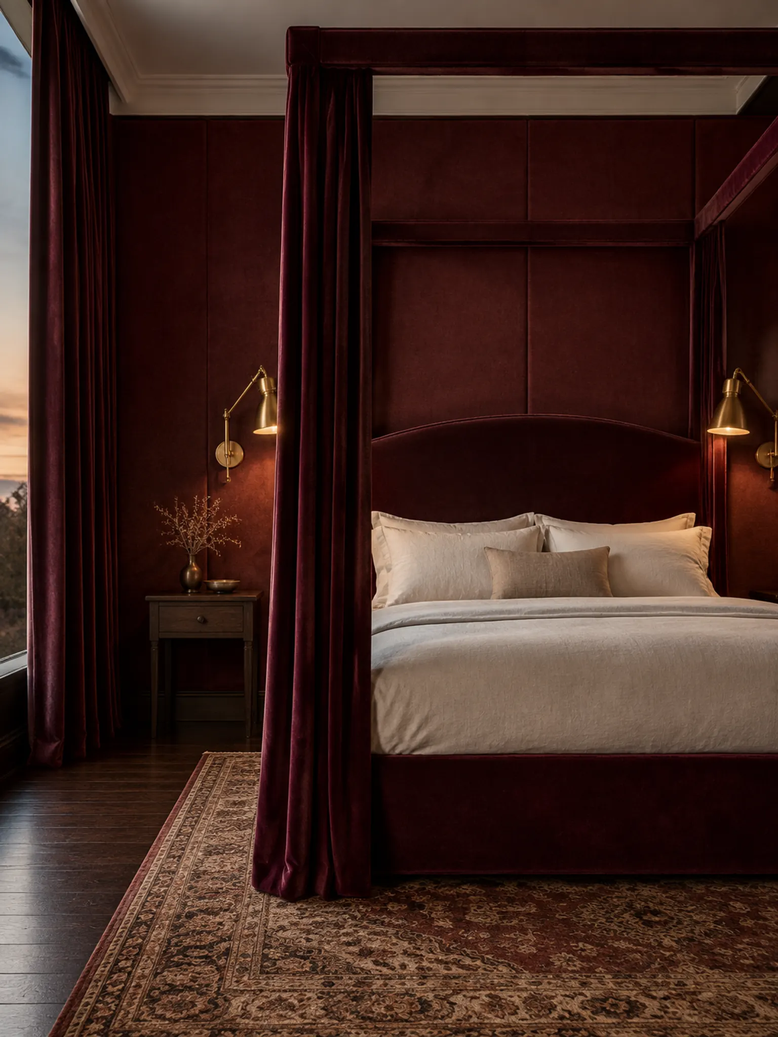 Burgundy bedroom with oxblood fabric-covered walls, a velvet canopy bed and brass wall sconces