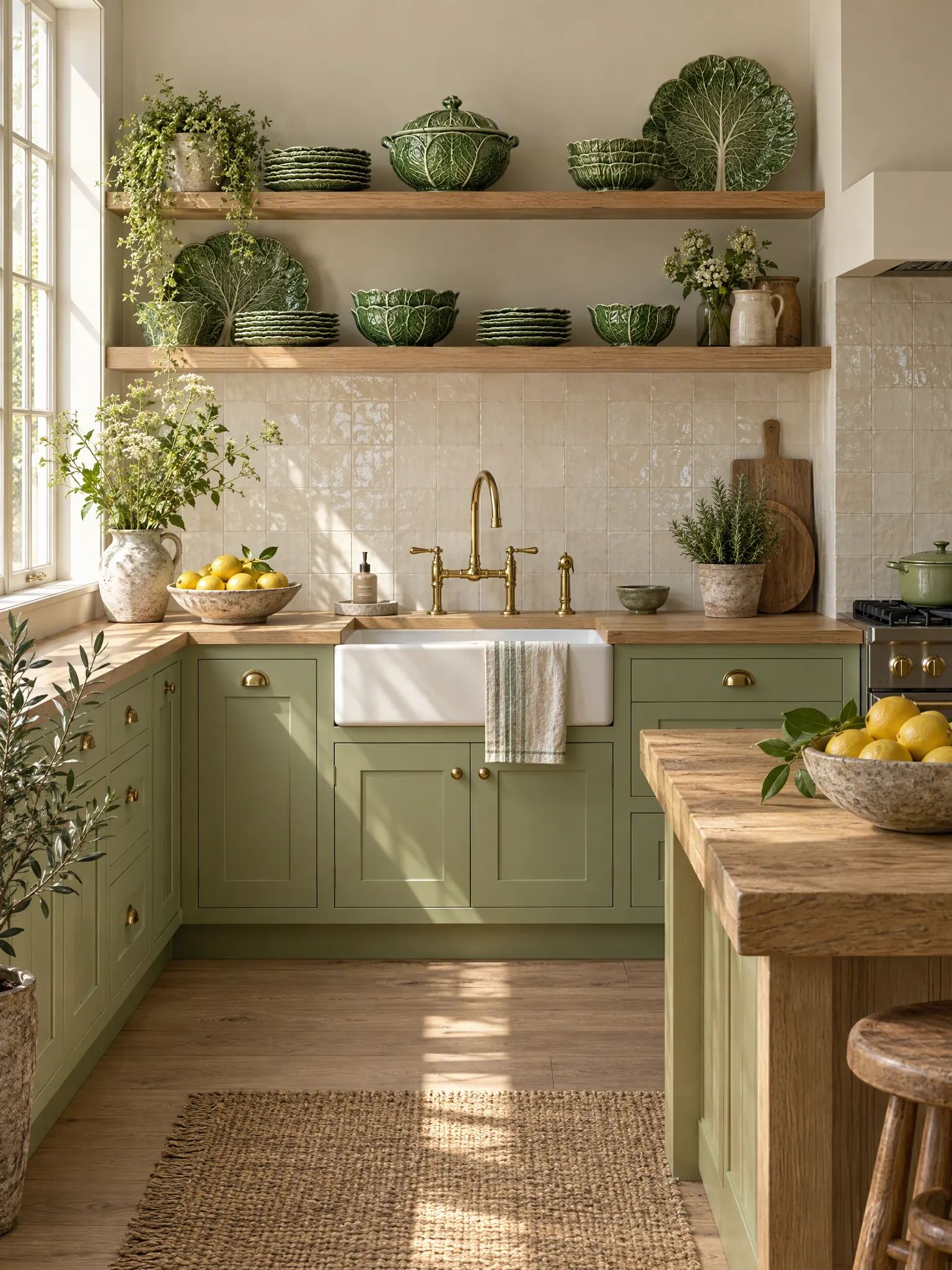 Celery green kitchen with open shelves of cabbage-leaf plates and tureens above a wood counter