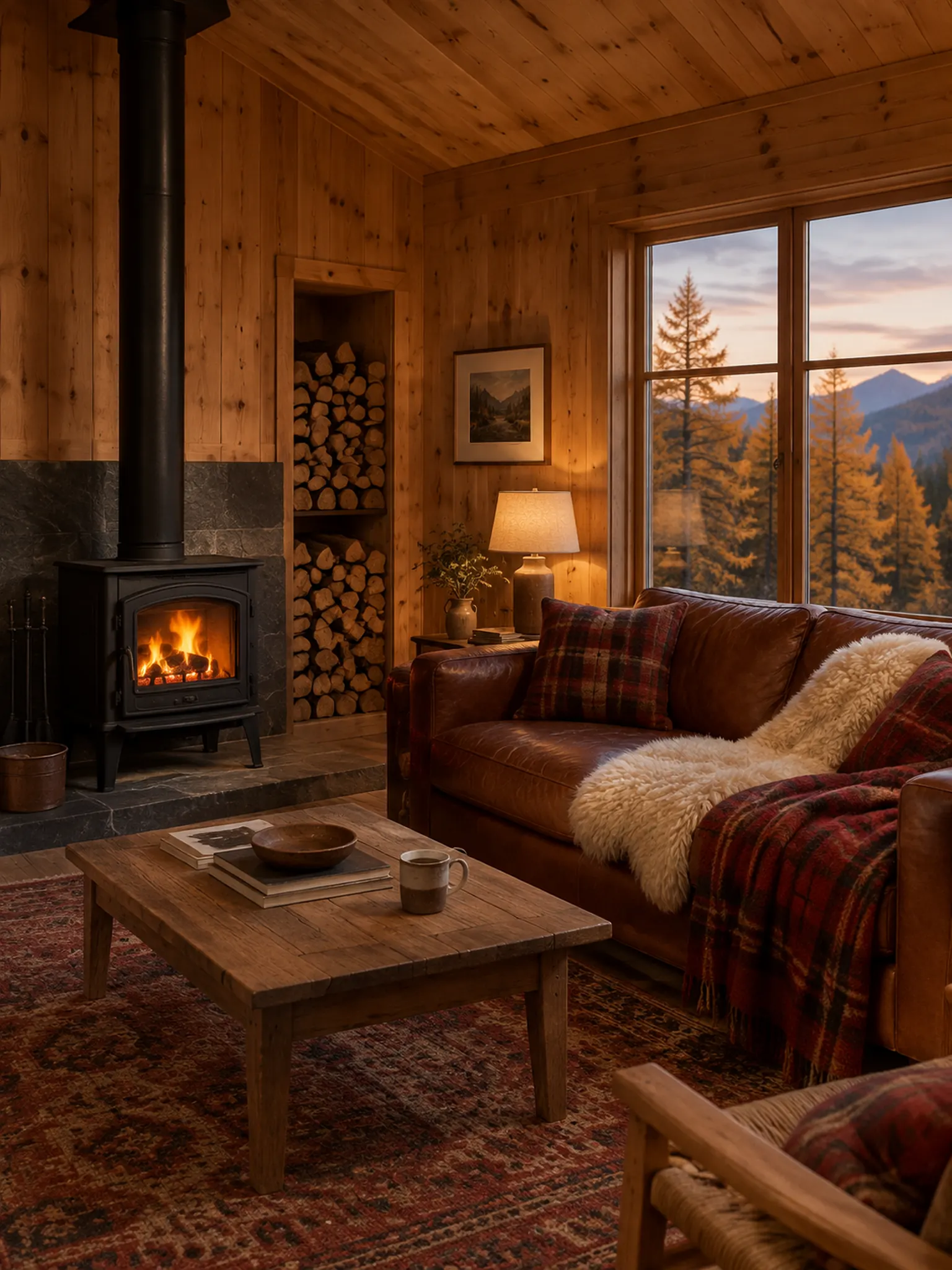 Cabin living room with knotty pine walls, a black wood stove, a leather sofa and plaid wool throws