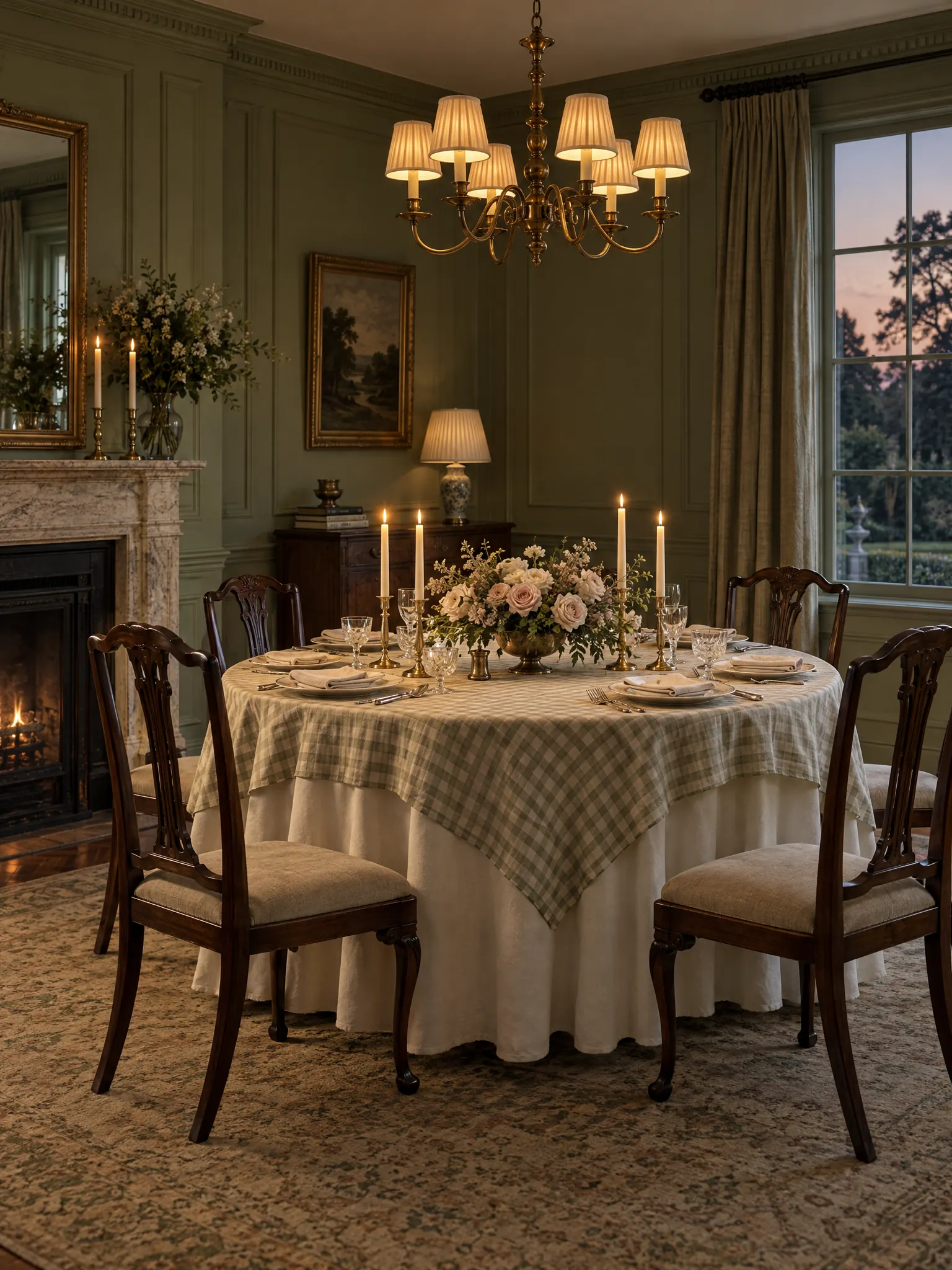 Formal dining room with a round pedestal table set with tall candles and flowers, a shaded chandelier and green panelling