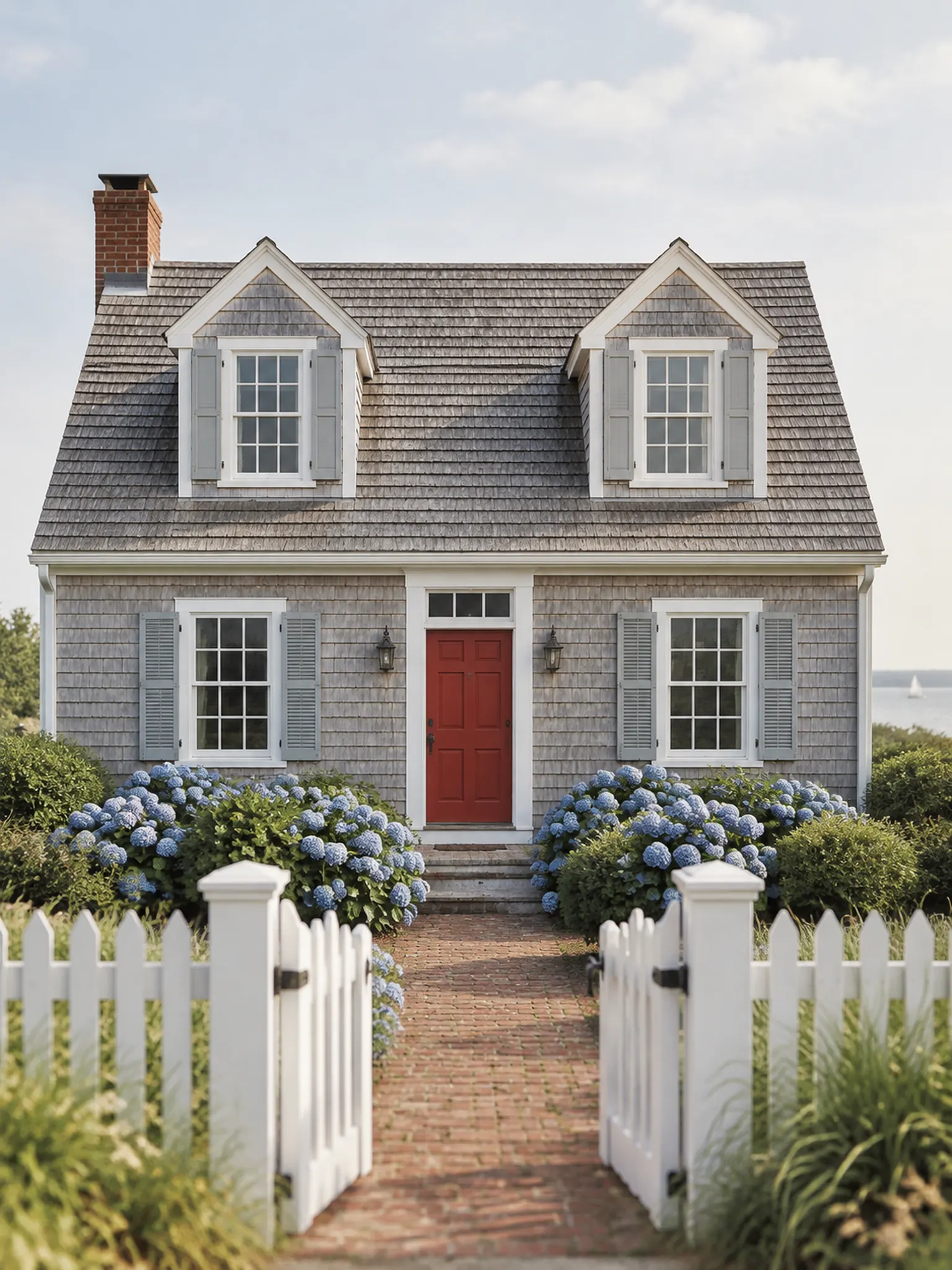 Cape Cod cottage with silver-grey cedar shingles, twin dormers, a central red door, hydrangeas and a picket gate