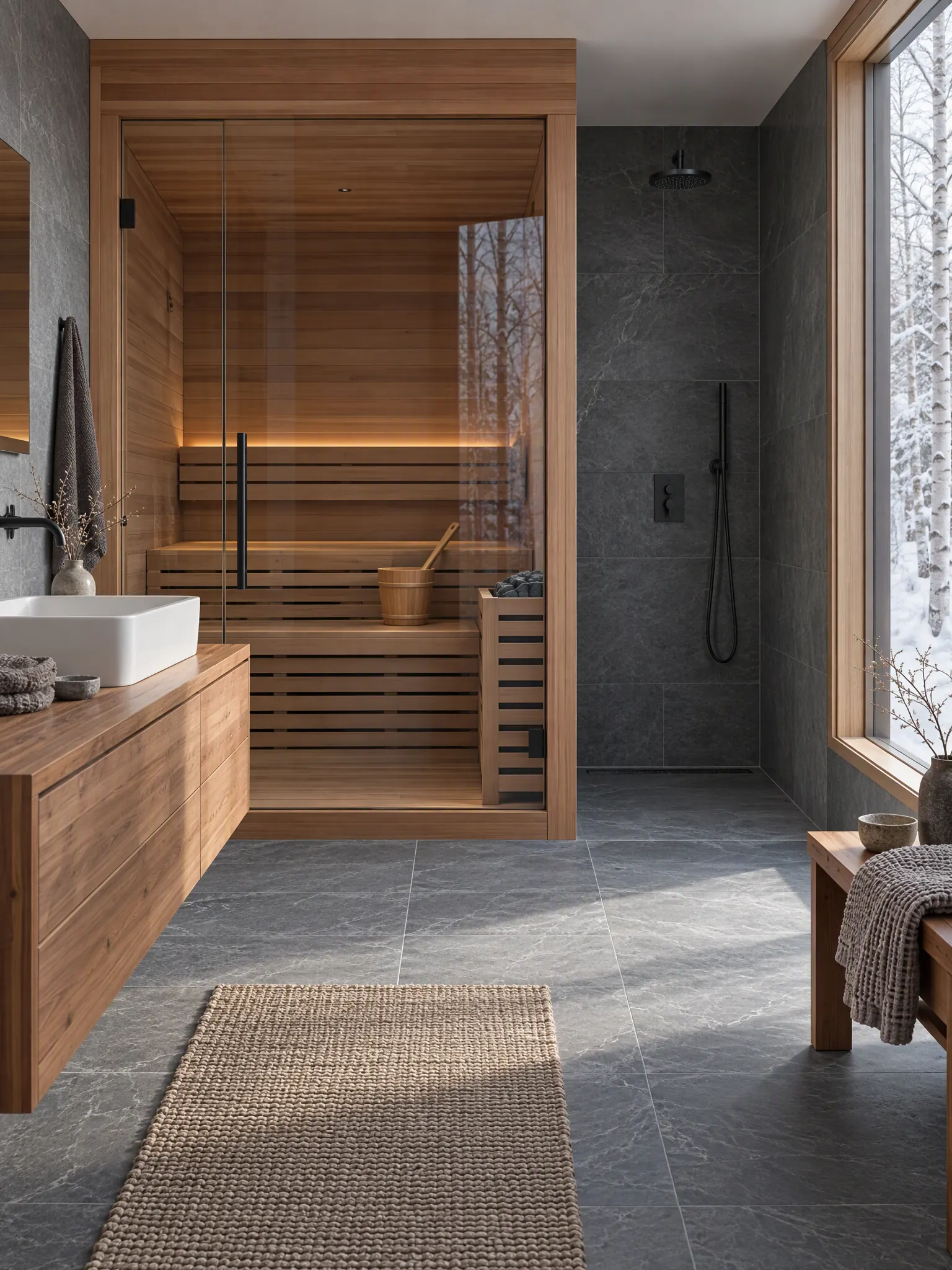 Bathroom with a glass-fronted cedar sauna next to an open shower, grey stone walls and a floating cedar vanity