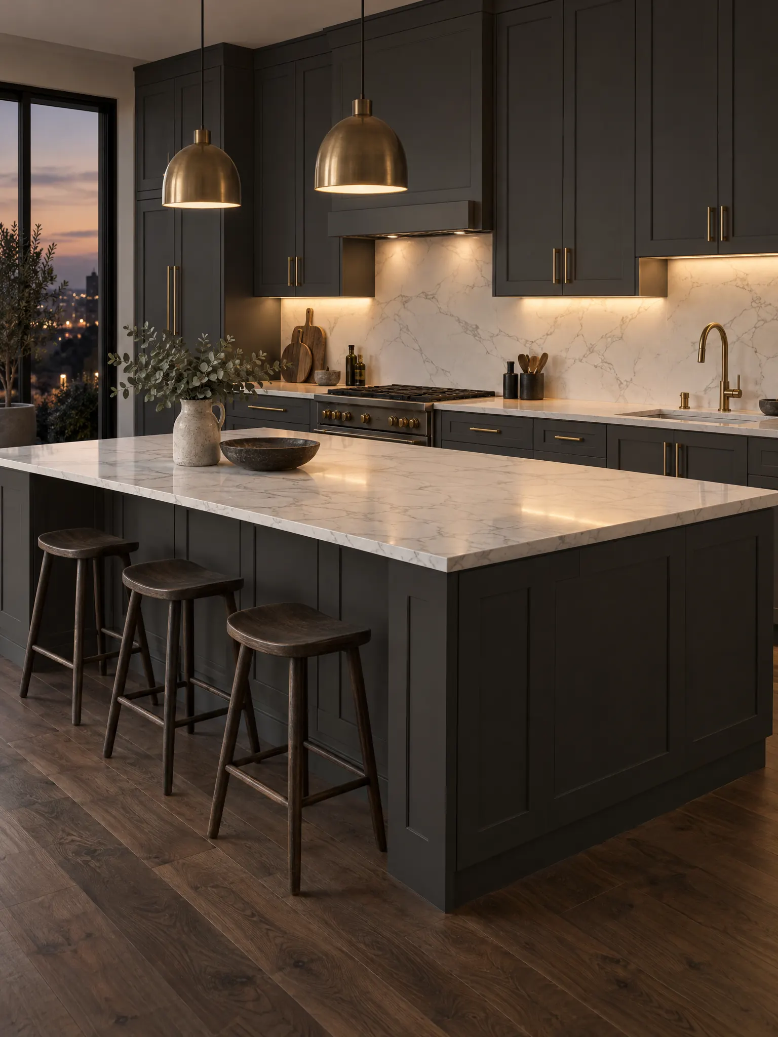 Kitchen with charcoal cabinets, a white veined counter, brass hardware and under-cabinet lighting